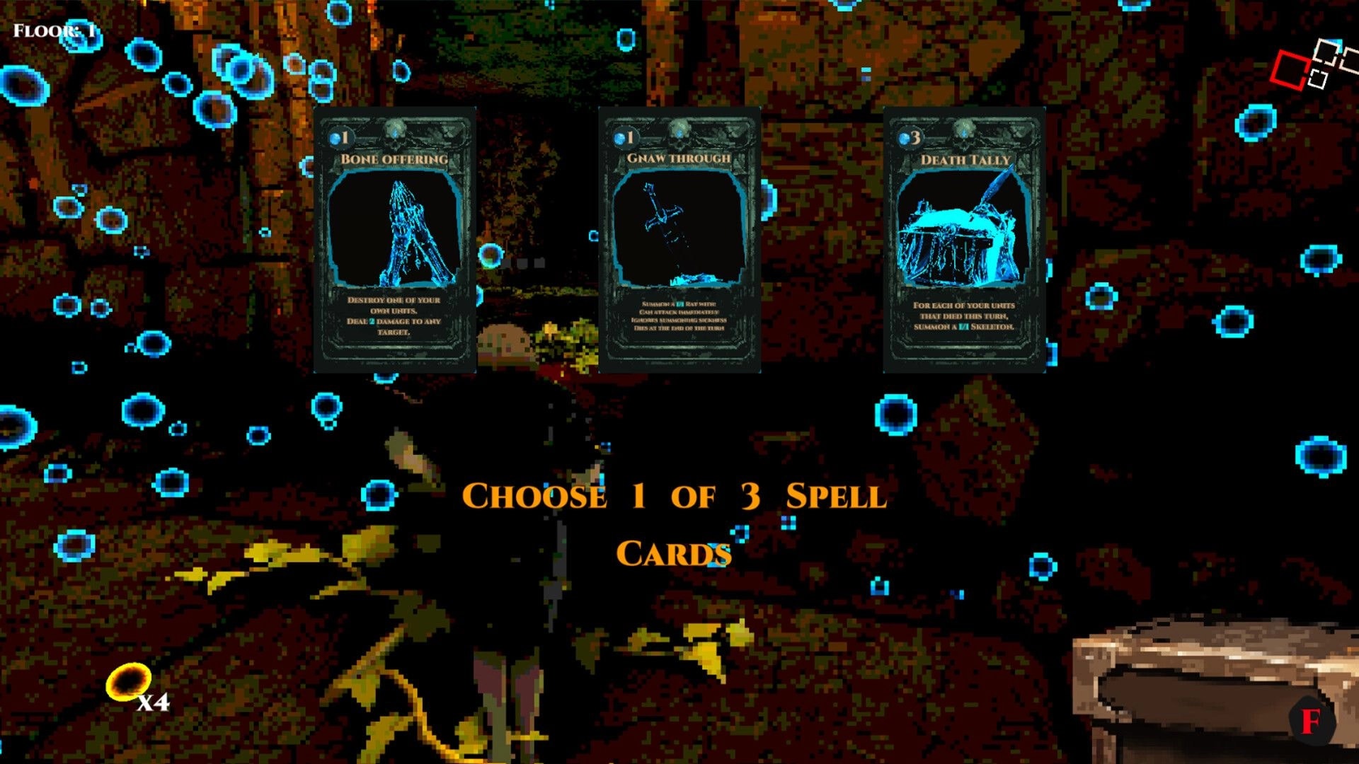Cungeon: Choose 1 of 3 spell cards menu over pixel dungeon floor with blue particle effects floating.
