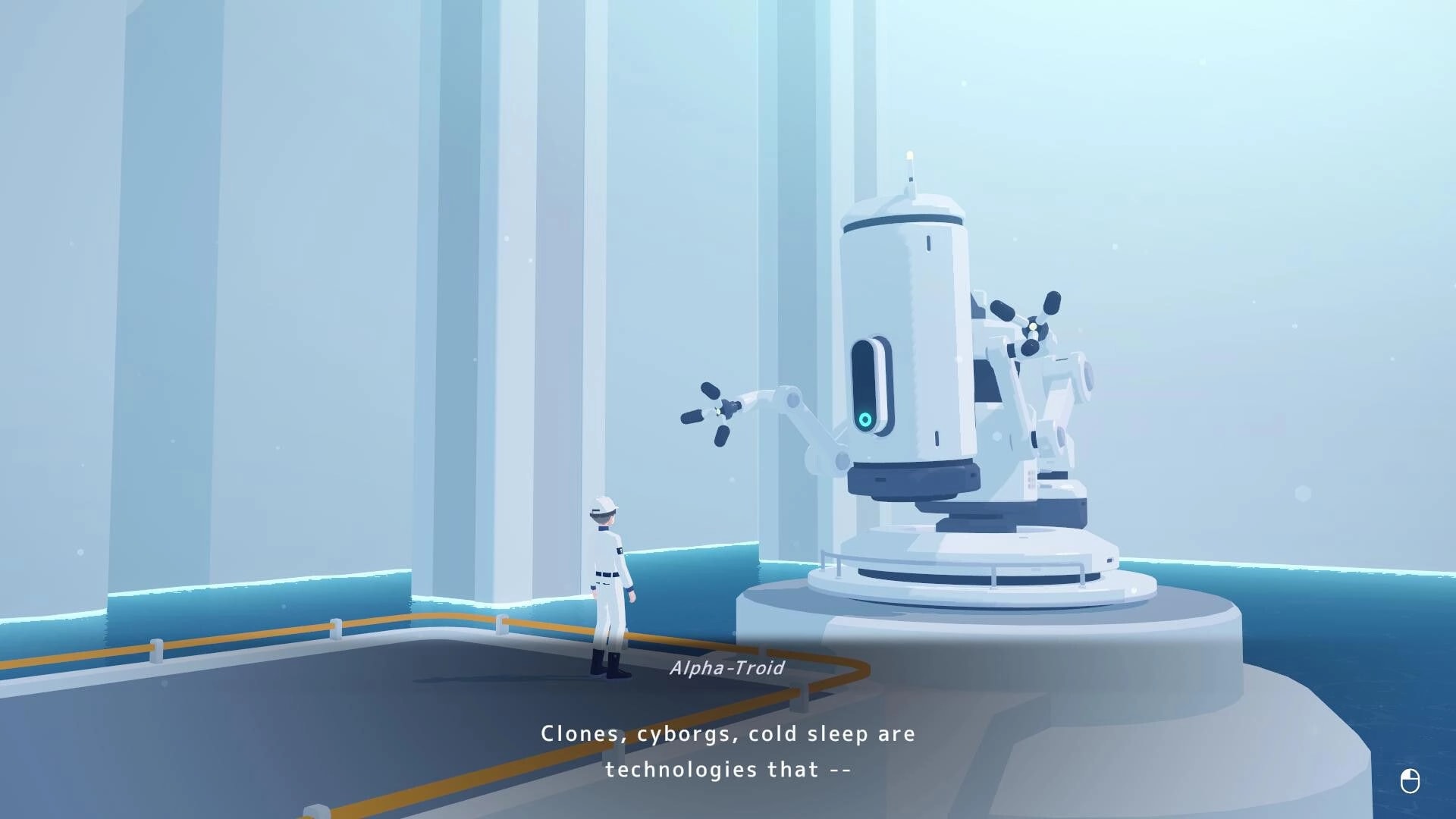 D-topia: Facilitator listens to Alpha-Troid dialogue beside a lab machine in a sterile facility hall.