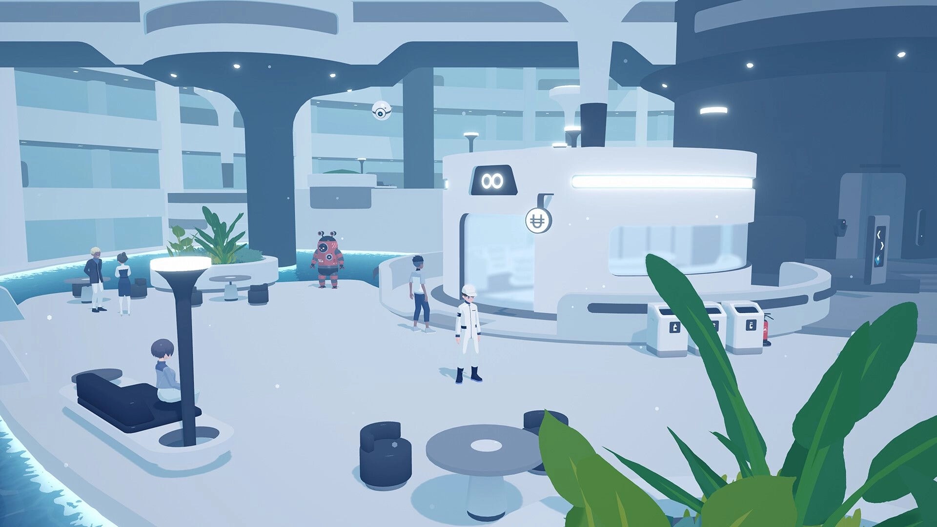 D-topia: Player in white uniform stands by a kiosk in a bright atrium with NPCs and plants.