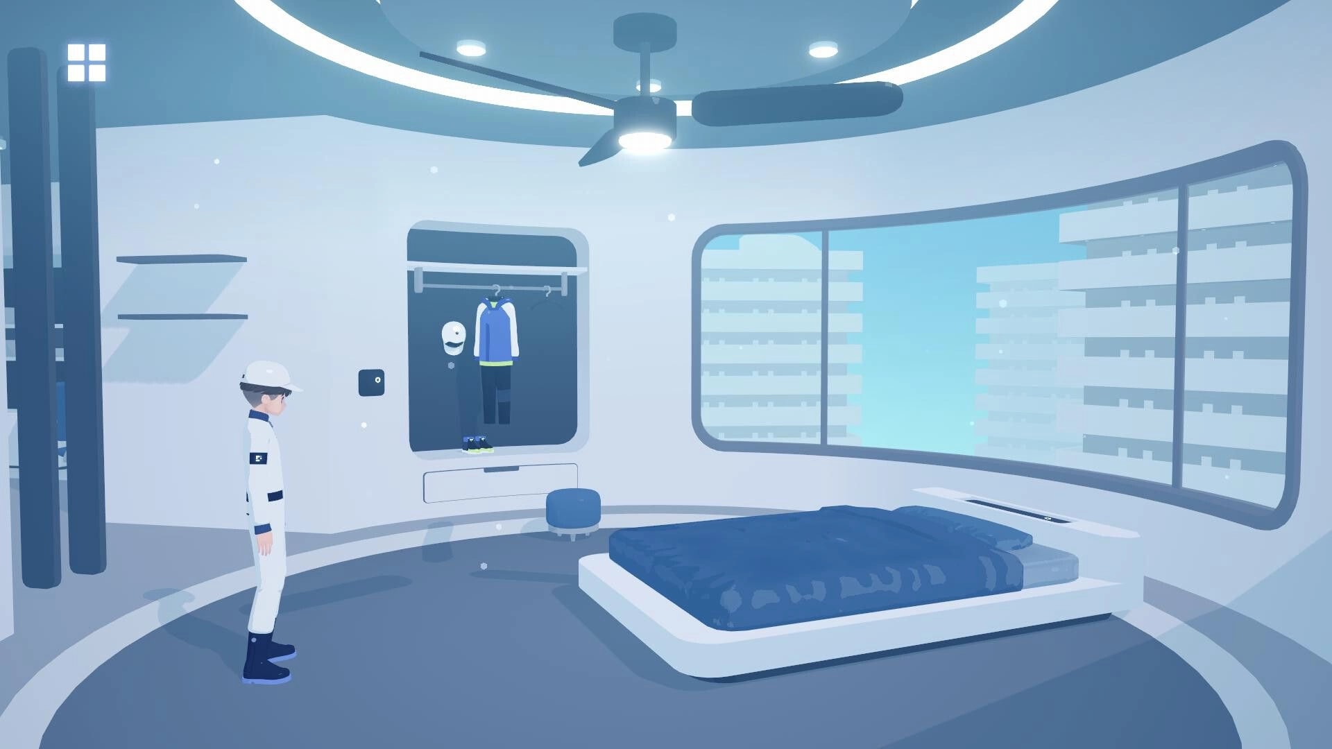 D-topia: Player in white uniform stands by open closet in sleek bedroom with huge curved window.