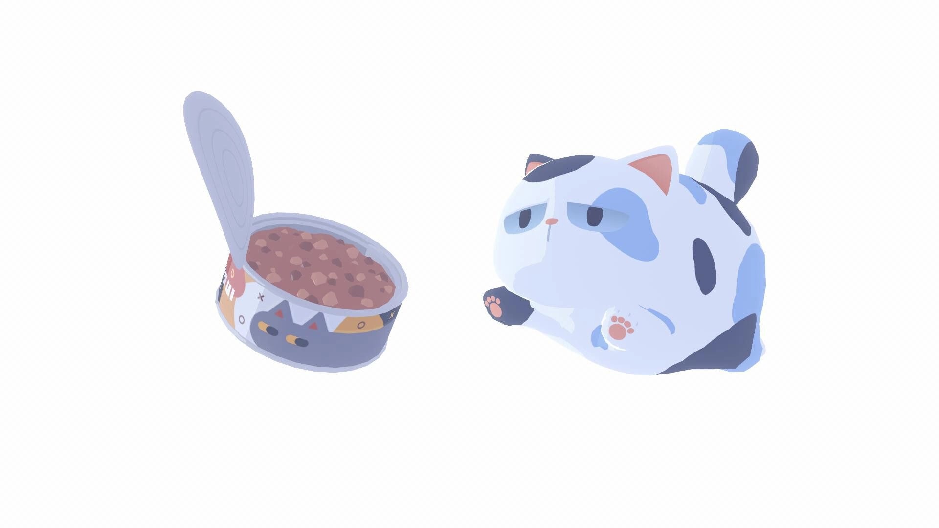 D-topia: Cartoon cat loaf sits beside an open can of food with a cat-face label on white background.