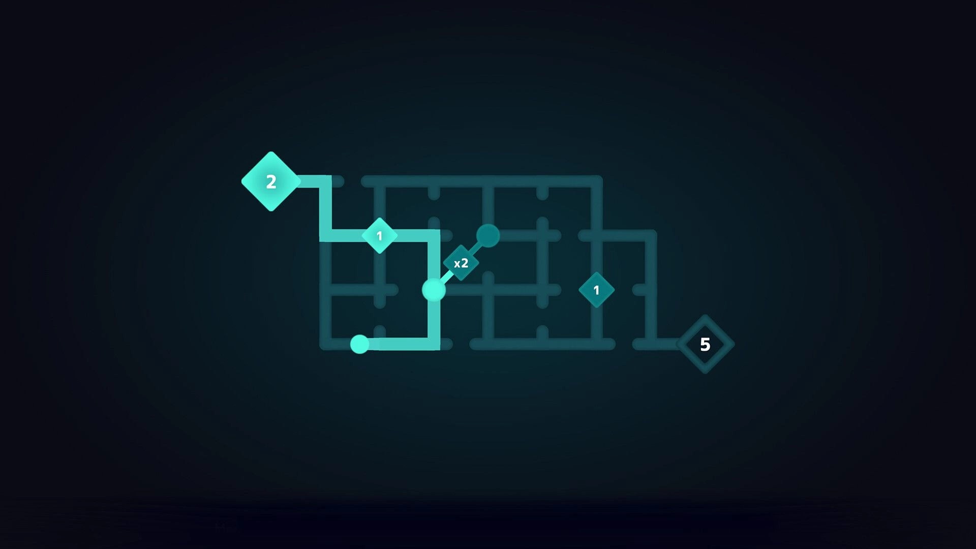 D-topia: Glowing path-connection puzzle with numbered diamond nodes and x2 marker on dark grid map.