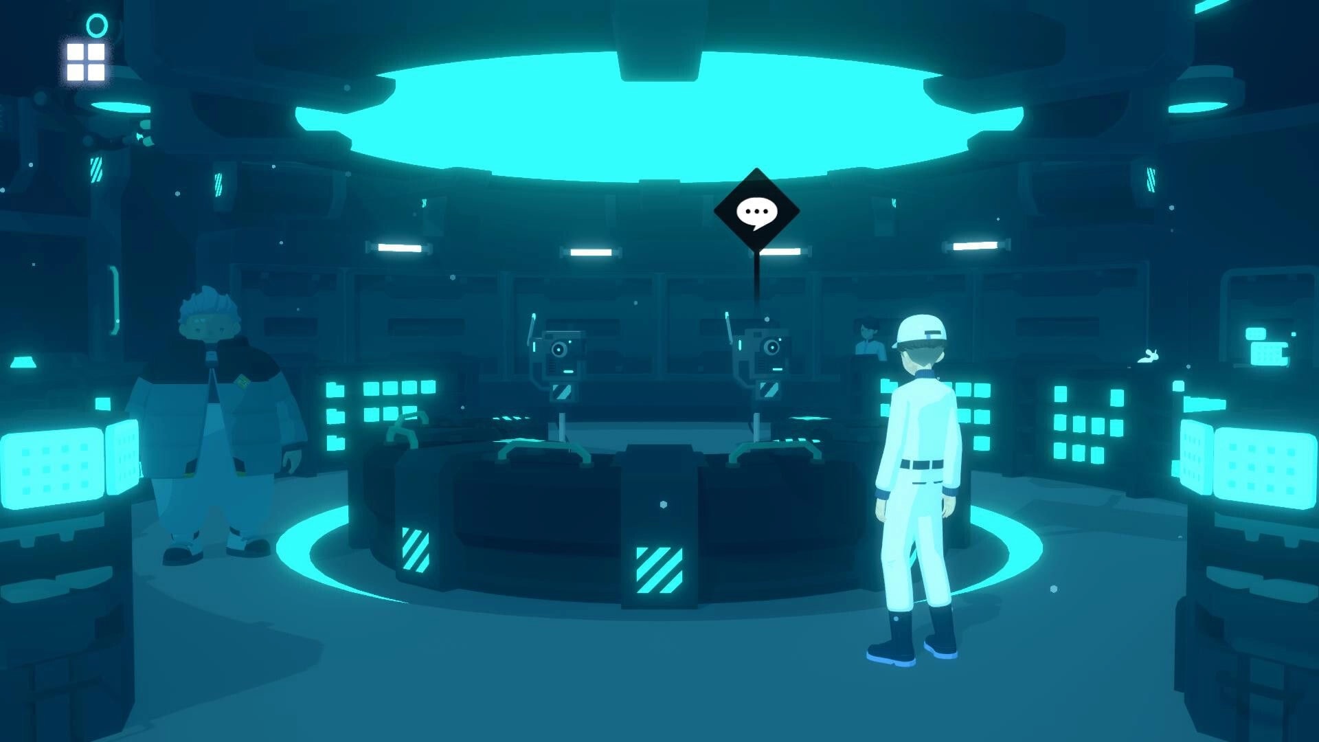 D-topia: Player in white uniform faces a dialogue icon in a neon-lit control room with consoles.