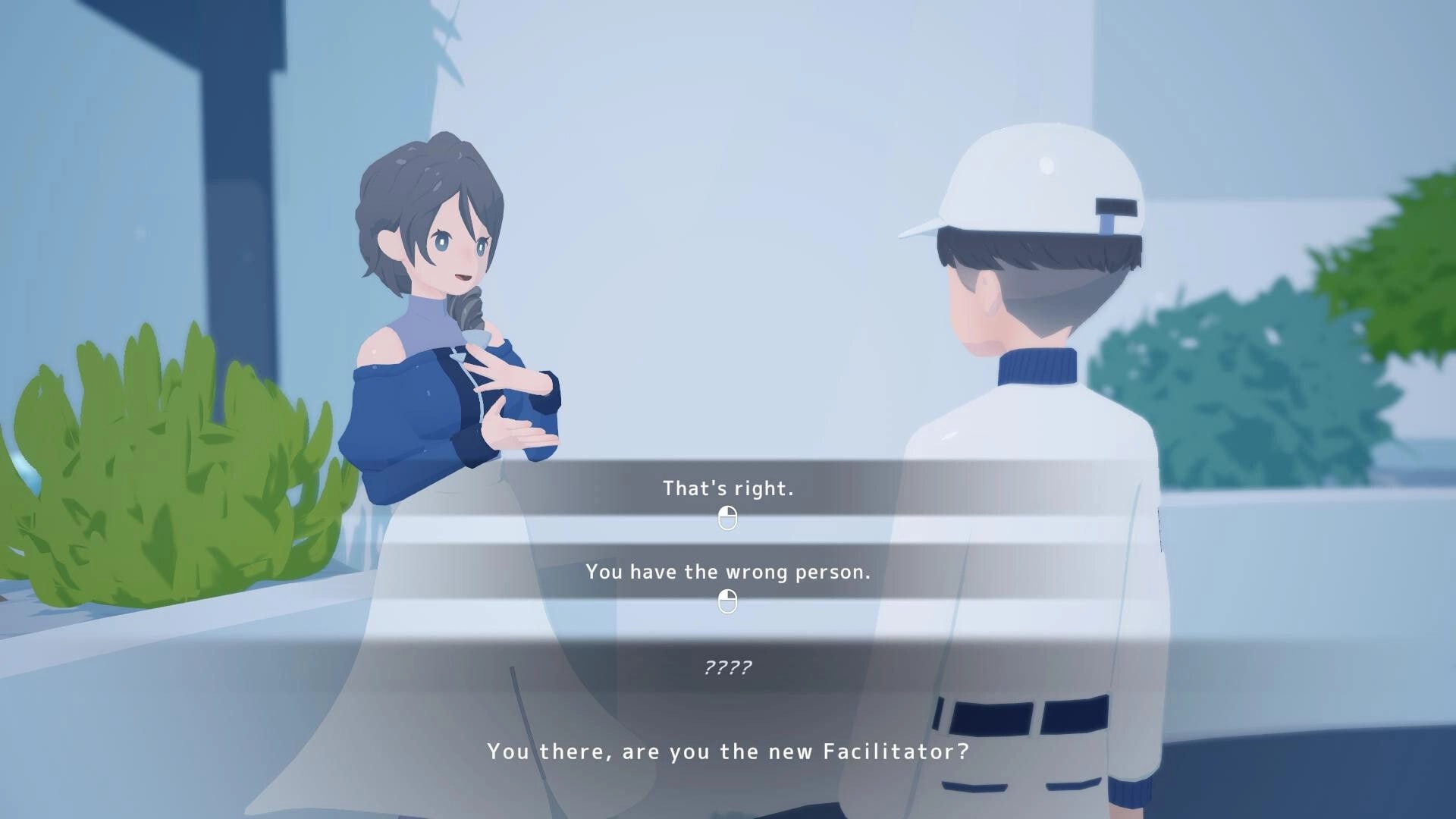 D-topia: Dialogue choice menu as a woman talks to a uniformed worker in a bright courtyard.