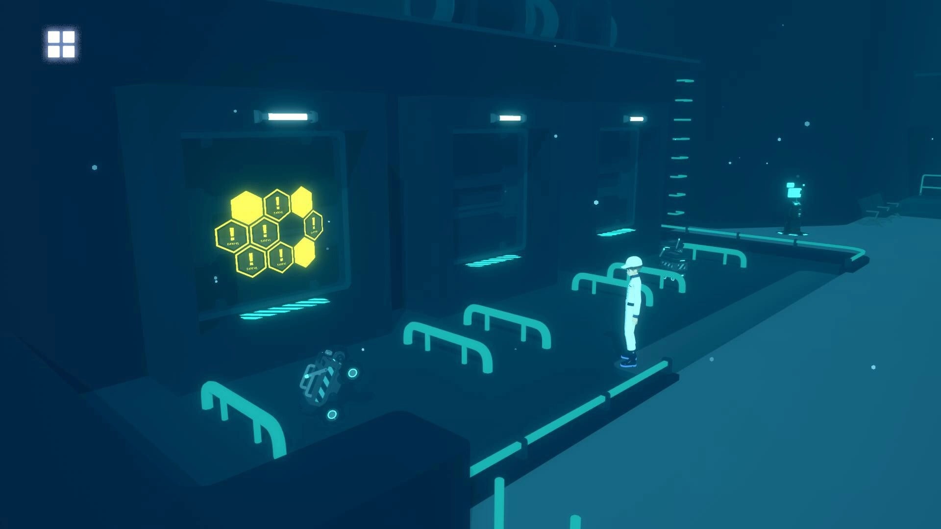 D-topia: Player stands by a glowing hex tile puzzle panel in a dim blue facility corridor with rails.