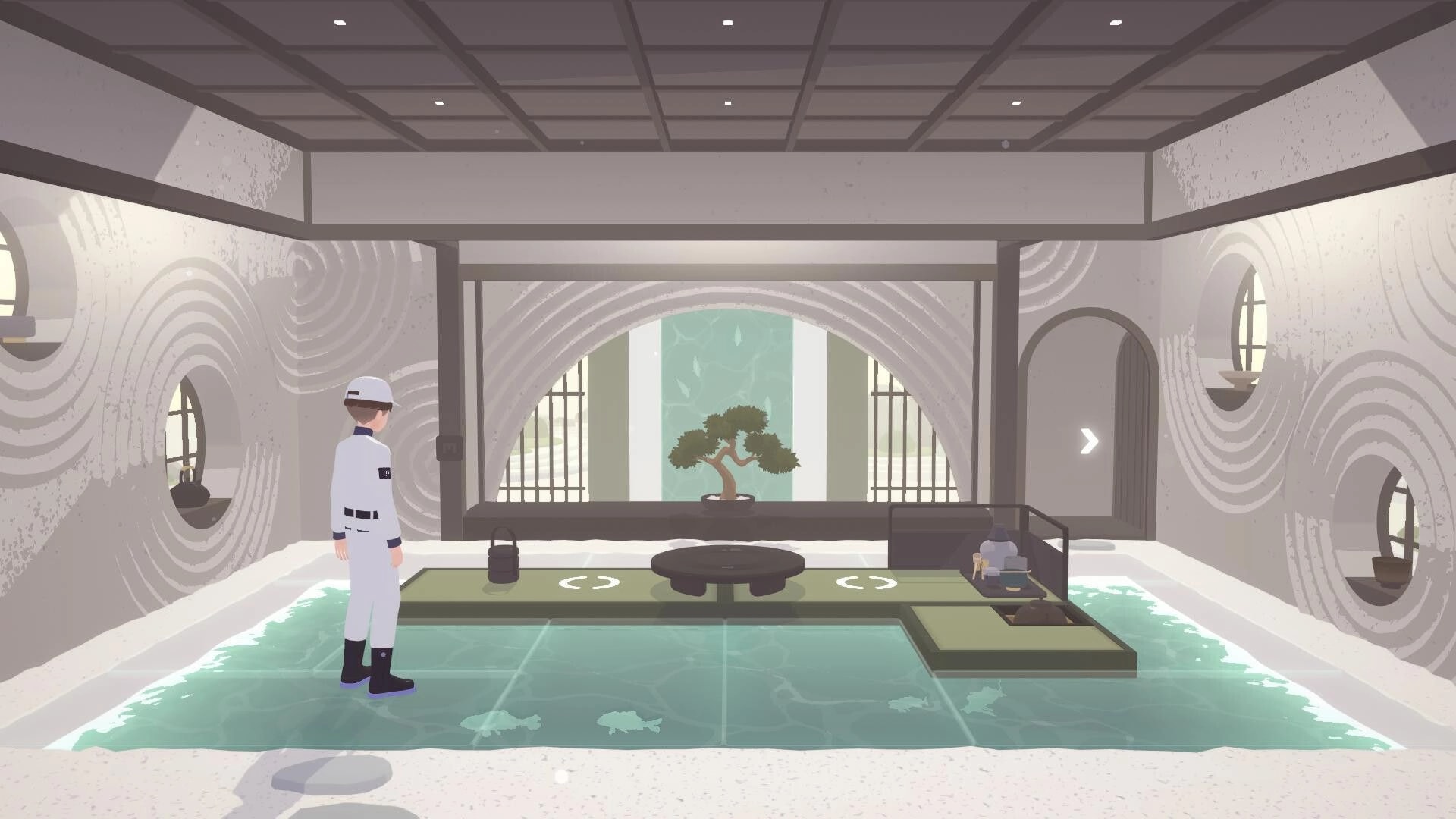 D-topia: Player character stands by a shallow pool in a serene spa room with bonsai and arrow door icon.