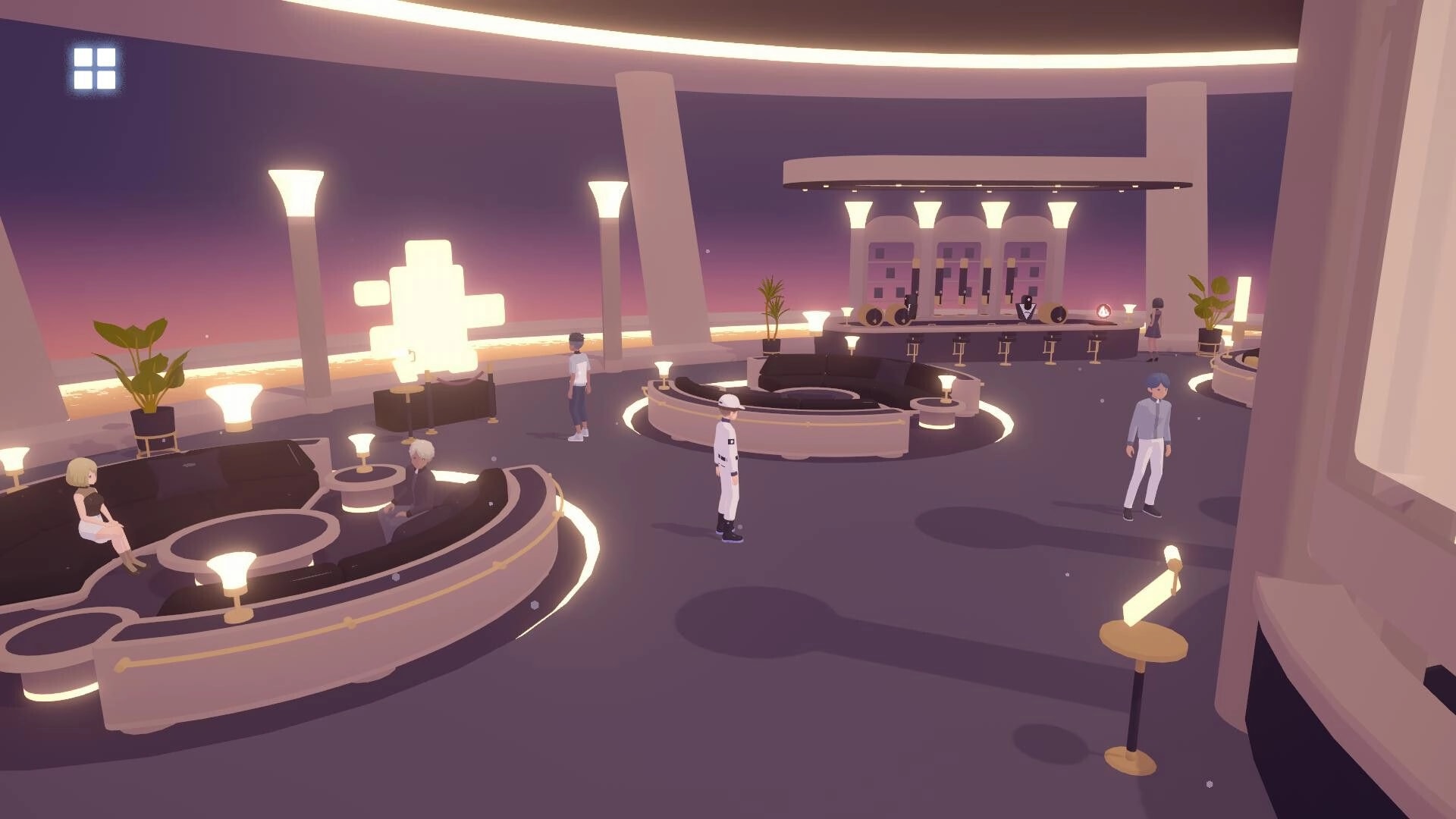 D-topia: Player stands in sleek lounge with NPCs, glowing lamps, and a bar under pastel sky.