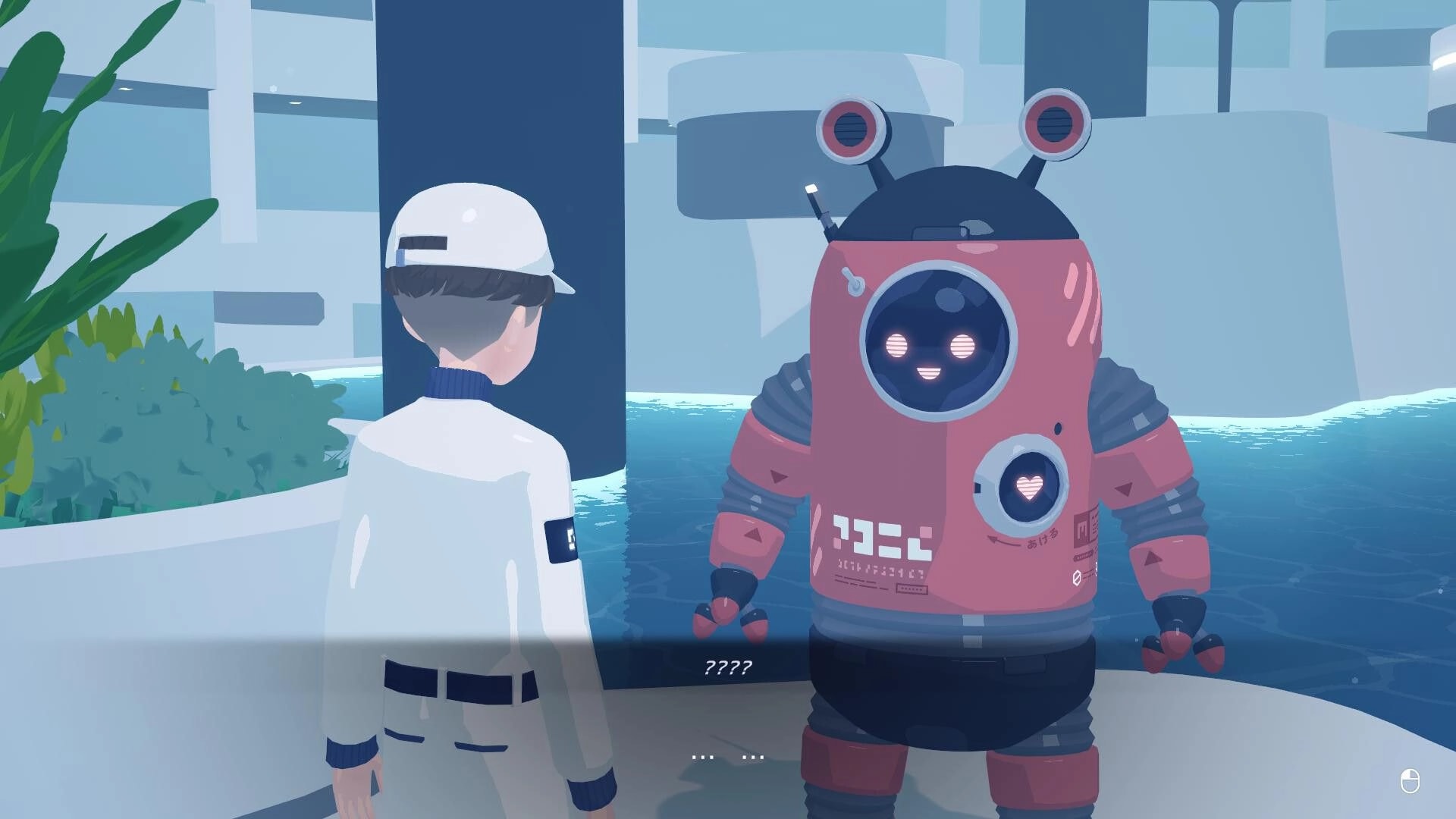 D-topia: Player character faces a pink robot NPC in a waterside plaza during dialogue with ???? text.