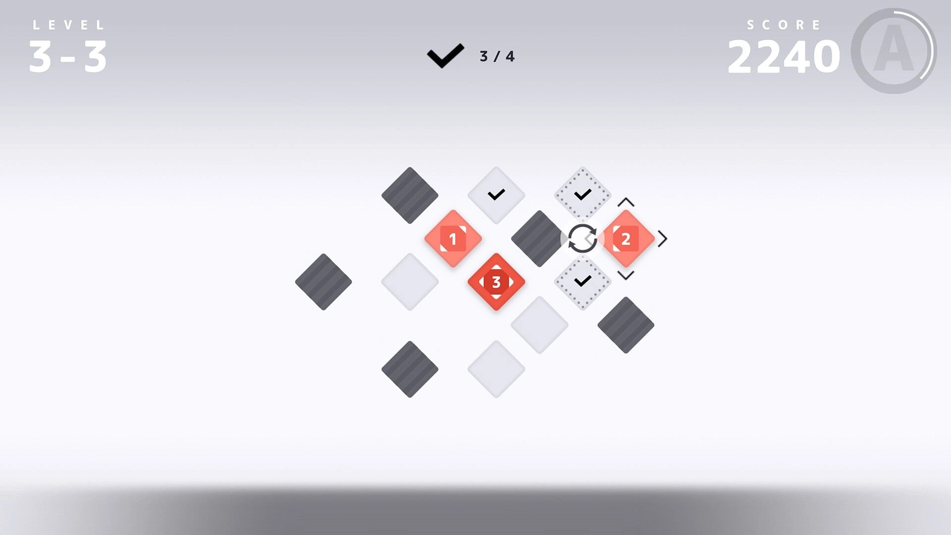 D-topia: Rotating numbered red tiles among gray diamonds in Level 3-3 puzzle grid with score UI.
