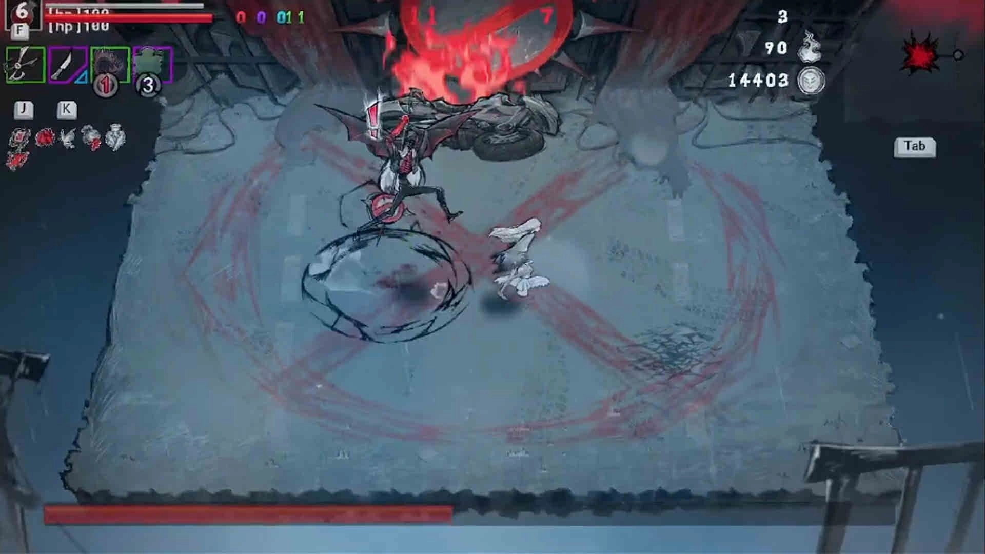DAUGHTER OF PAIN: Boss fight with scythe-wielding heroine in a stone arena, health bar and skills HUD.