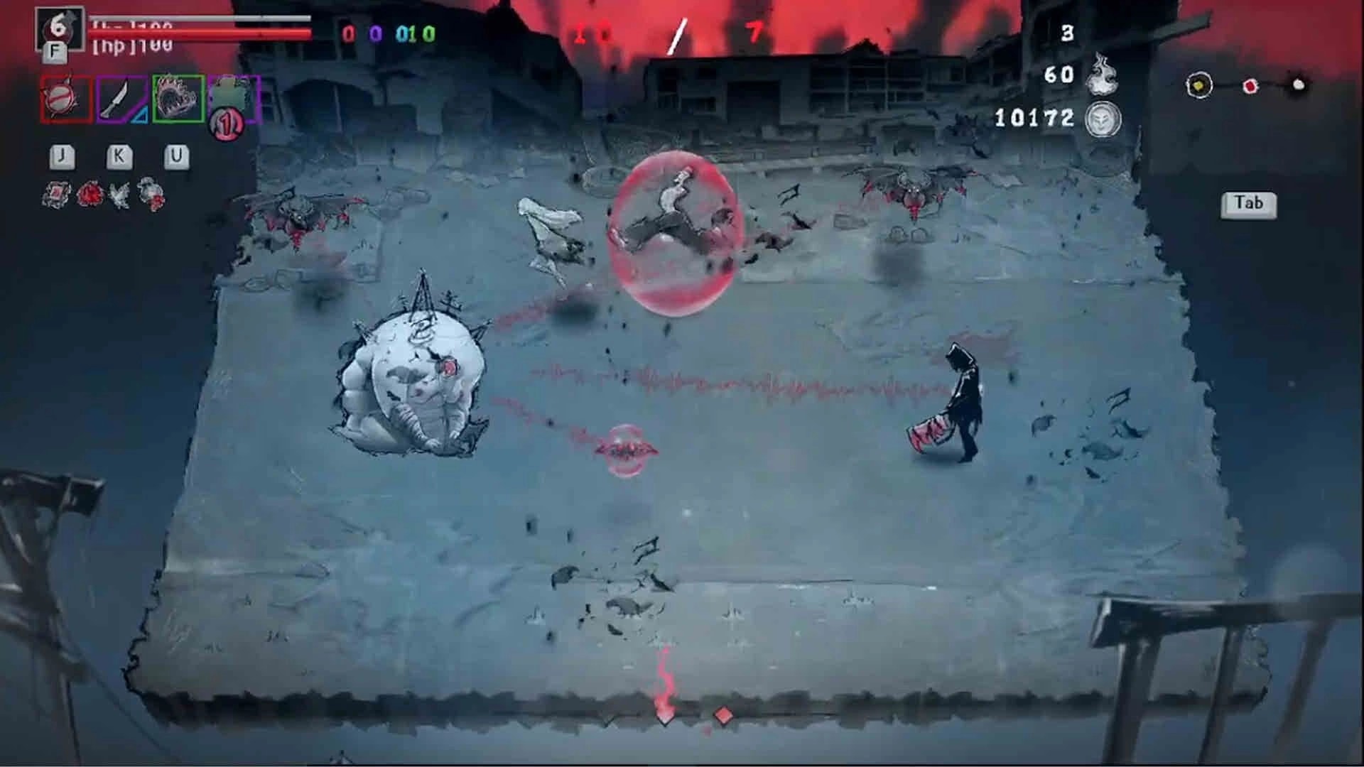 DAUGHTER OF PAIN: Player faces a bloated boss and flying foes in a ruined arena, HUD visible.