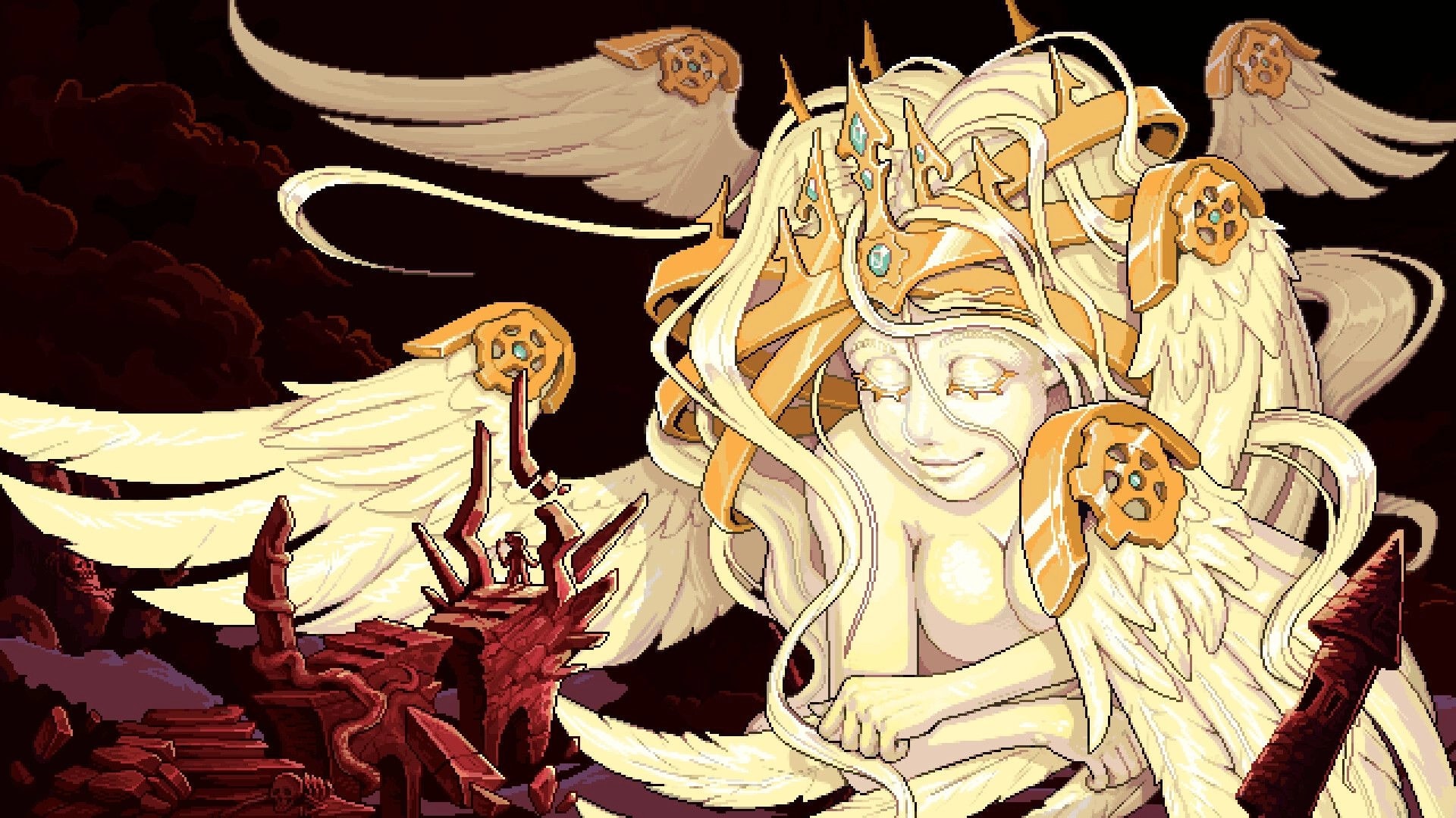 Dead Weight: Giant winged figure with ornate crown beside crumbling red ruins in a dark, ominous sky