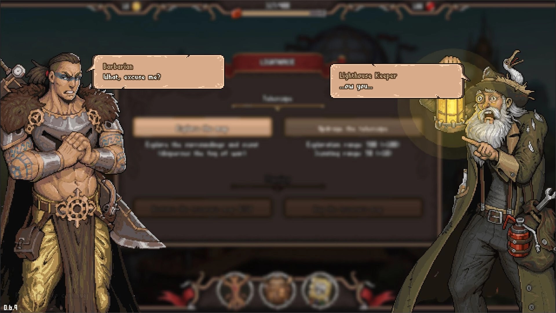 Dead Weight: Barbarian and Lighthouse Keeper dialogue in character interaction screen