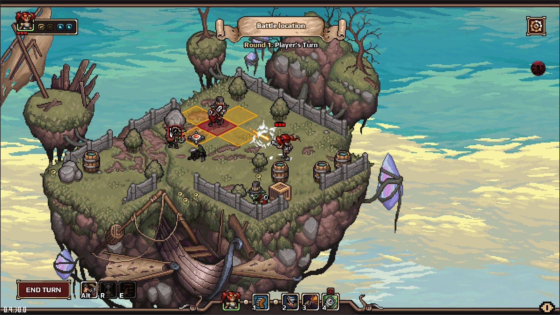 Dead Weight: Tactical turn-based combat on a floating island with player and enemies in battle positions