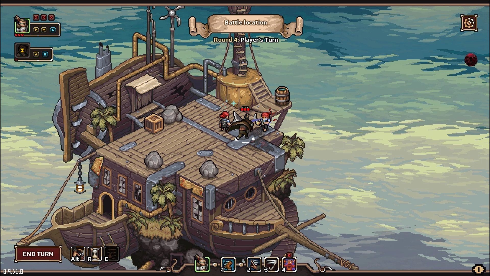Dead Weight: Tactical combat on a pirate ship deck during Player's Turn, UI with character icons visible