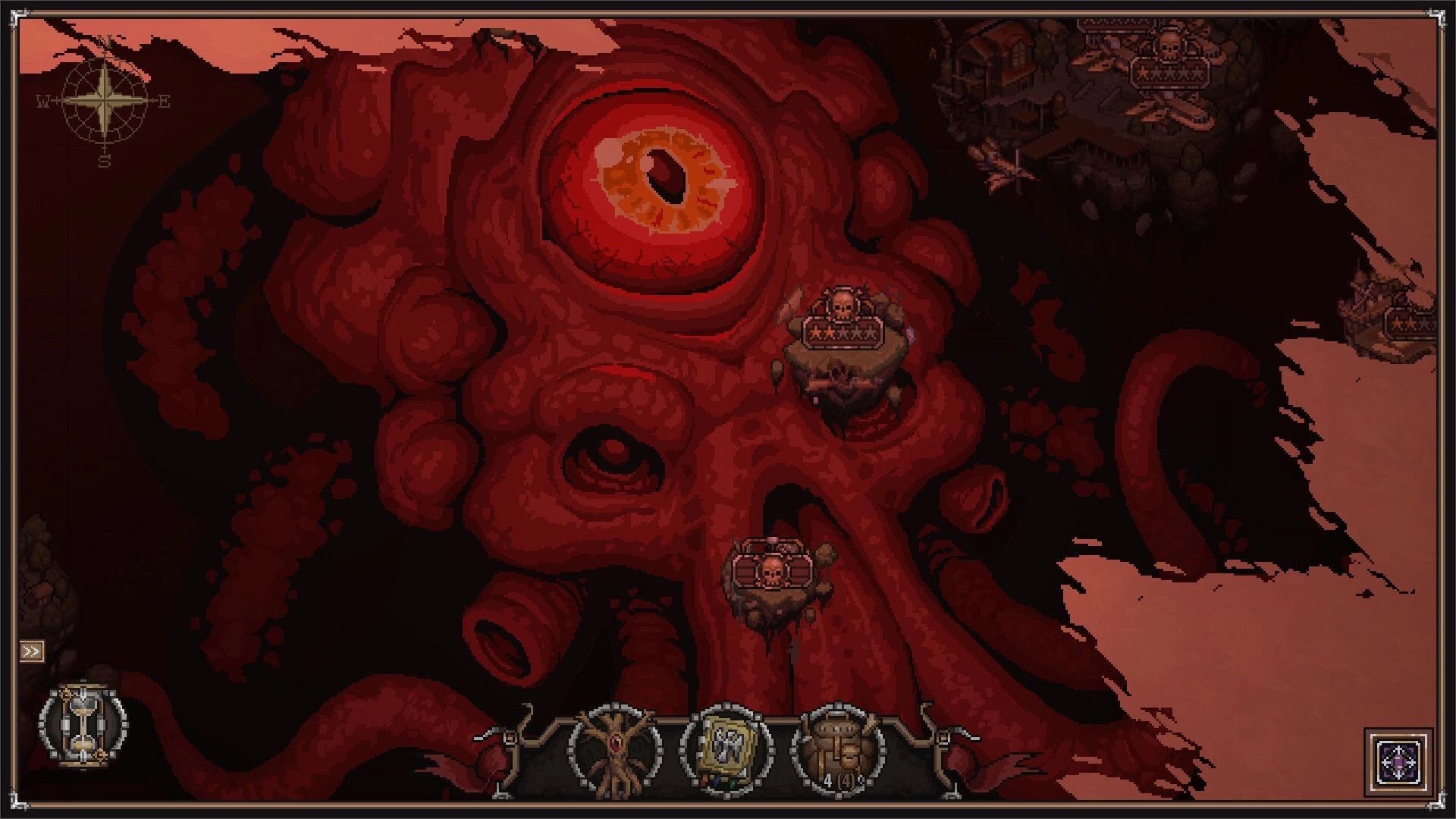 Dead Weight: Giant red eye creature with floating islands and HUD elements in a dark, ominous setting
