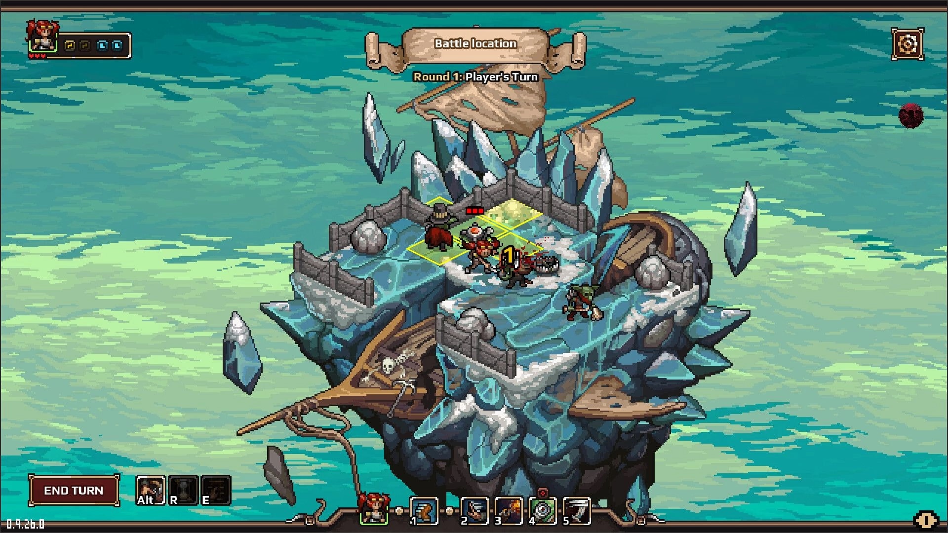Dead Weight: Turn-based combat on icy floating island with pirates and enemies engaging in battle