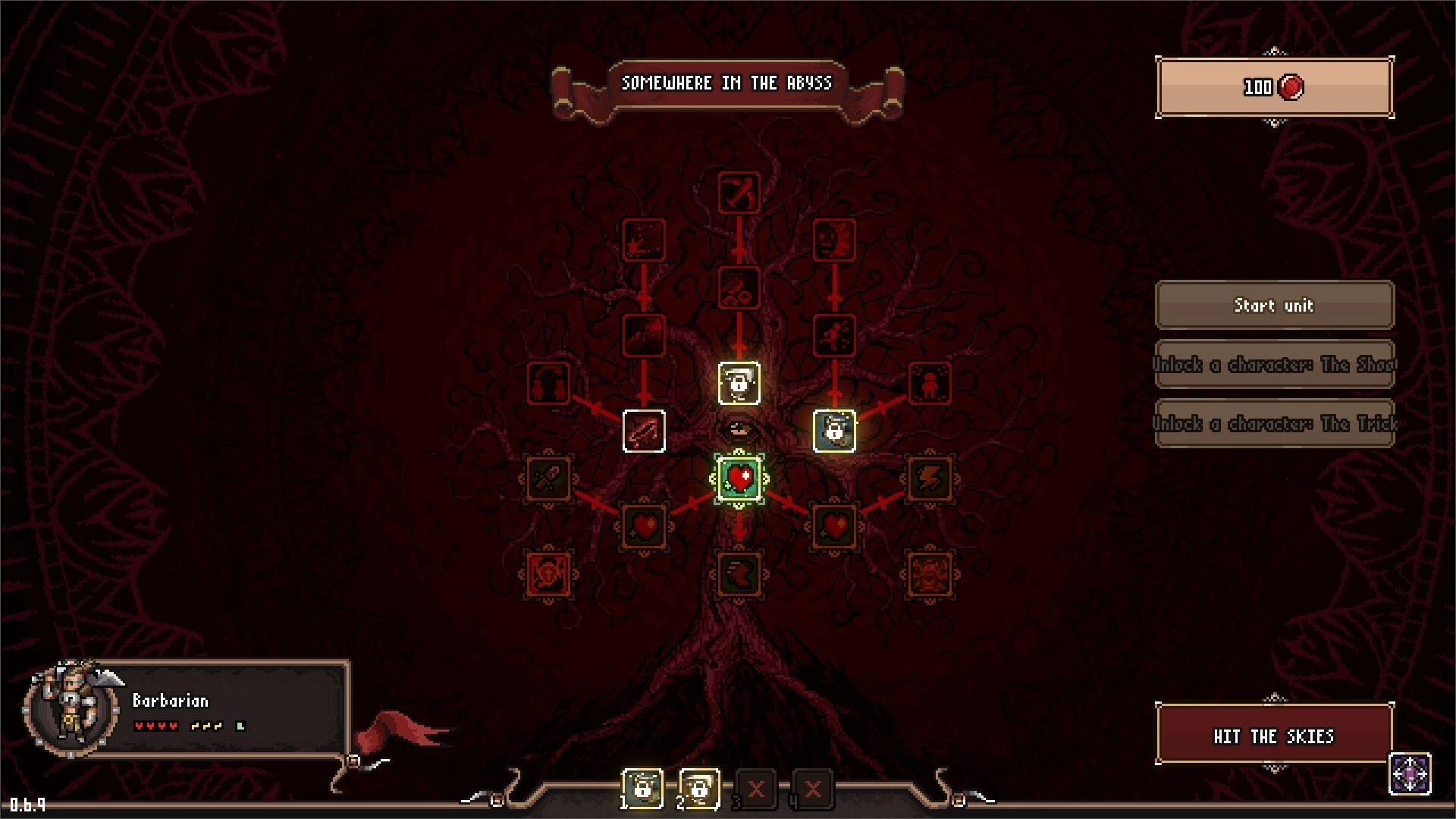 Dead Weight: Skill tree interface with Barbarian character selected in dark, intricate environment