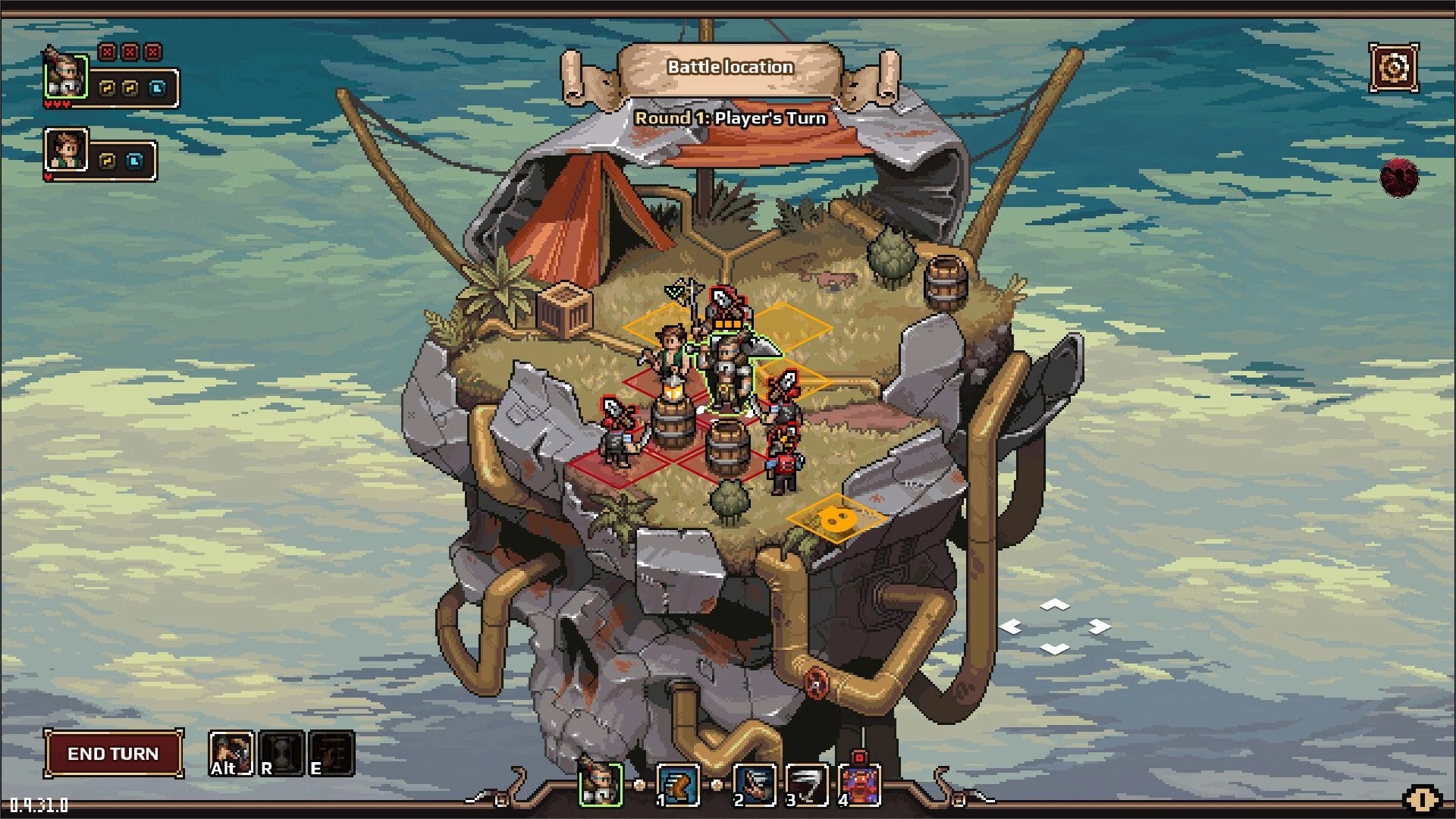 Dead Weight: Turn-based combat on a floating island with two pirates facing enemies near a tent