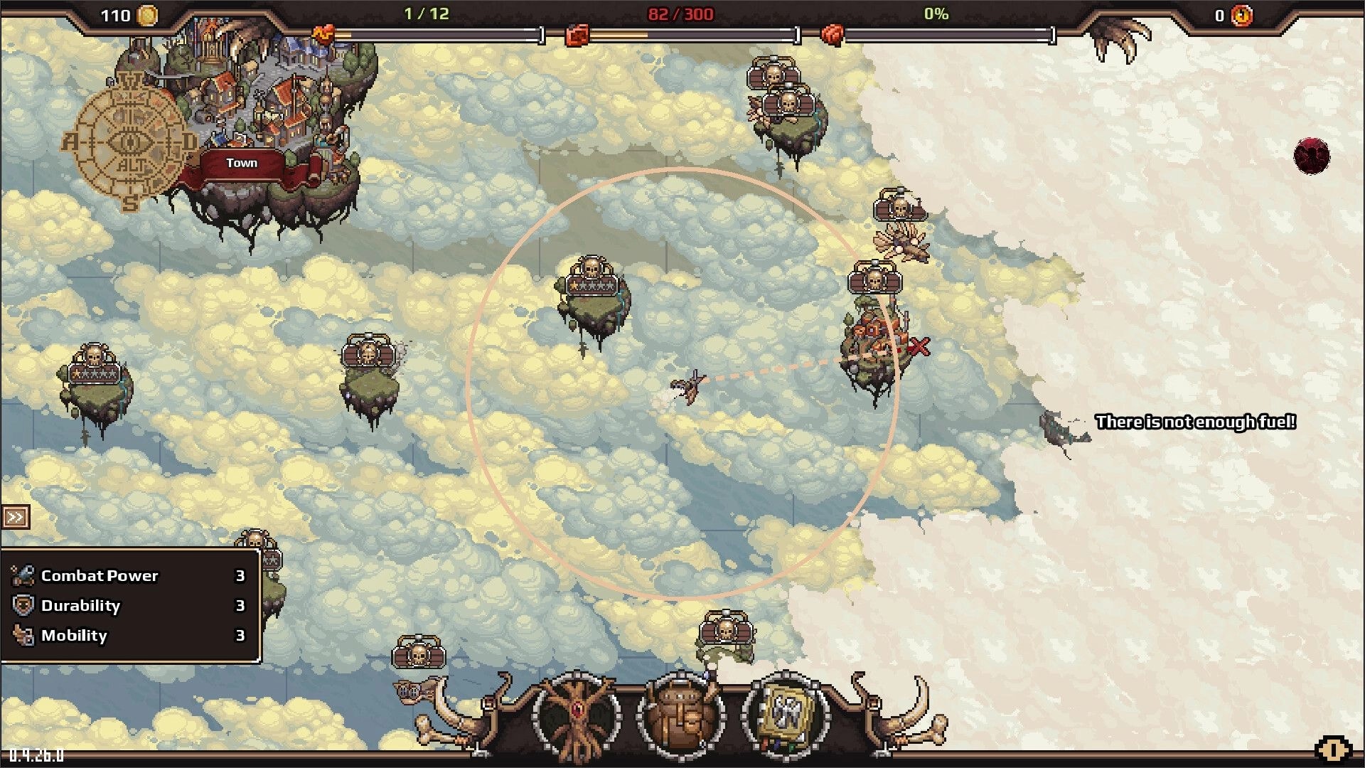 Dead Weight: Aerial view of flying pirate ship navigating between floating islands with fuel warning displayed.