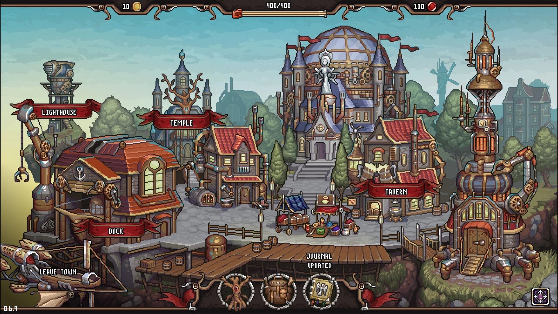 Dead Weight: Overhead view of village with lighthouse, temple, tavern, and dock in steampunk style.