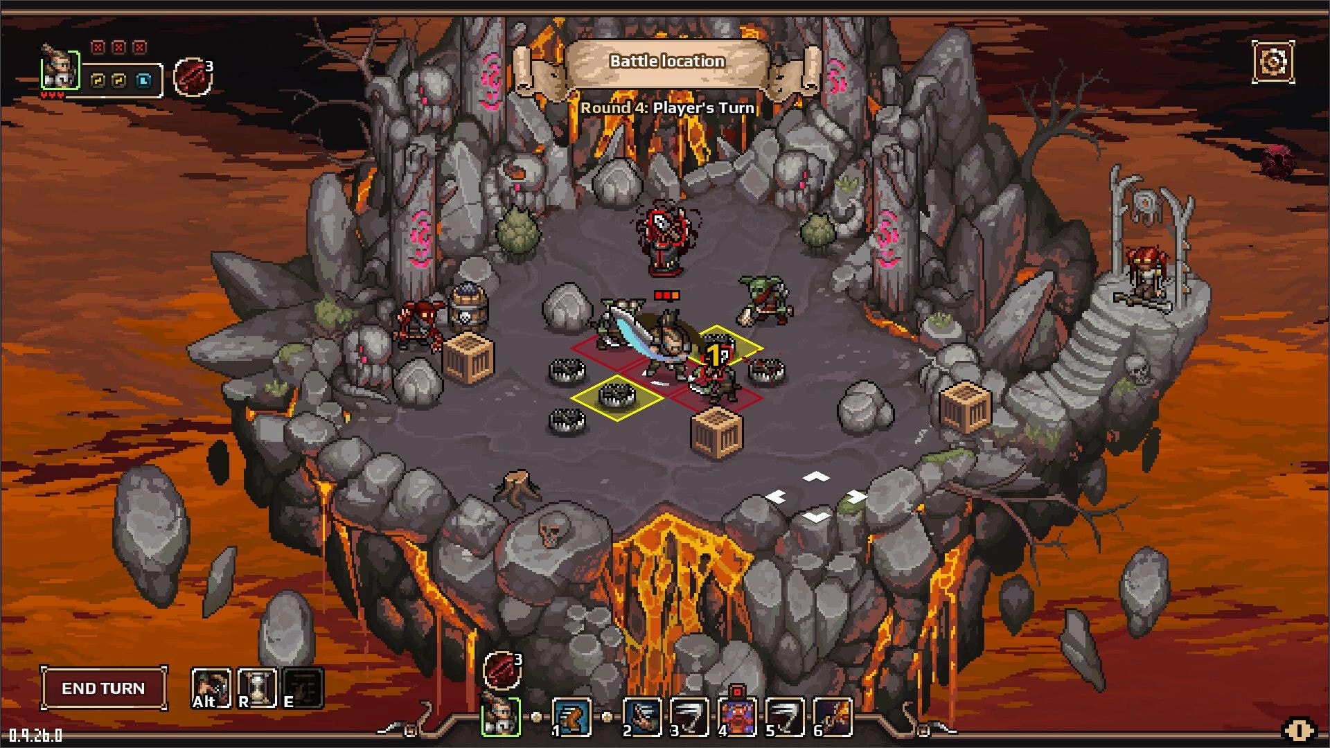 Dead Weight: Turn-based battle on rocky platform with characters and traps, surrounded by molten lava.