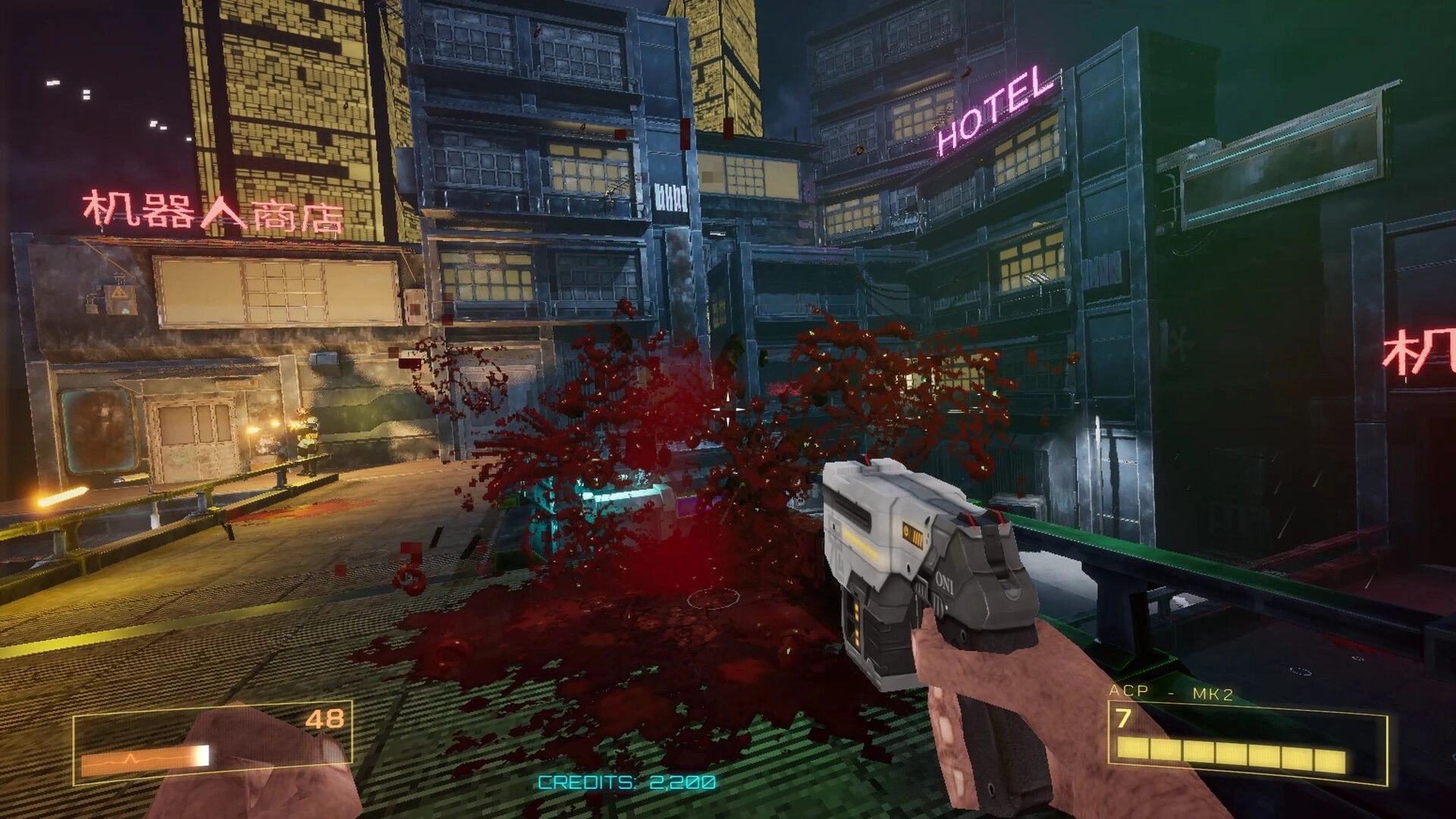 DEADBOOT: First-person combat with enemy explosion in neon-drenched urban alley, weapon HUD visible.