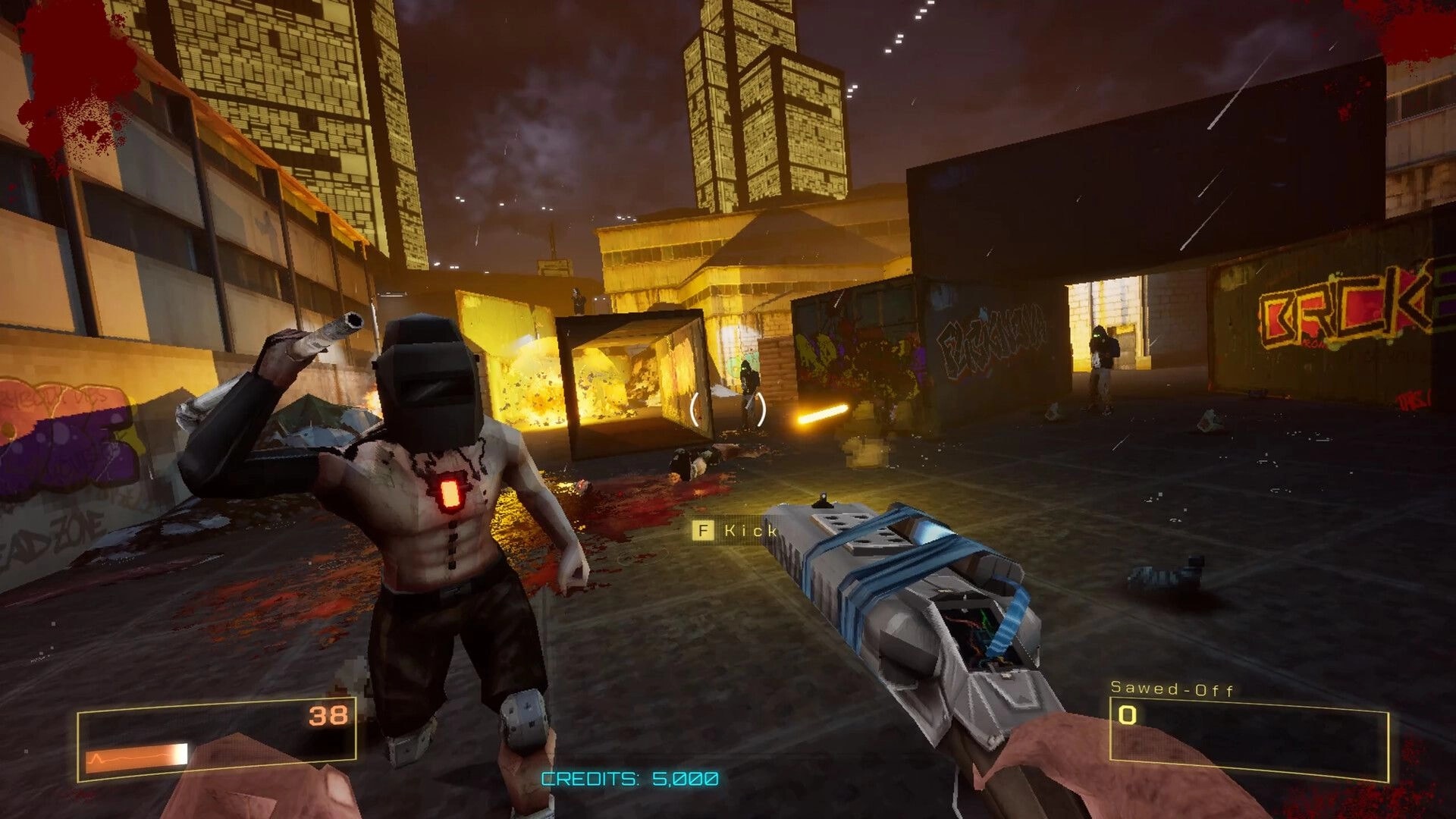 DEADBOOT: Player aiming gun at armored enemy in neon-lit urban area with HUD showing health and credits