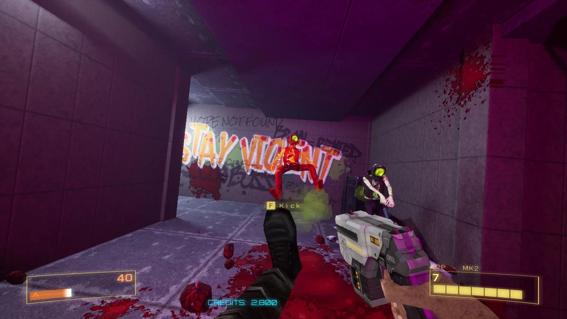 DEADBOOT: Player kicks enemy in neon-lit corridor with graffiti, HUD displays health and ammo status.