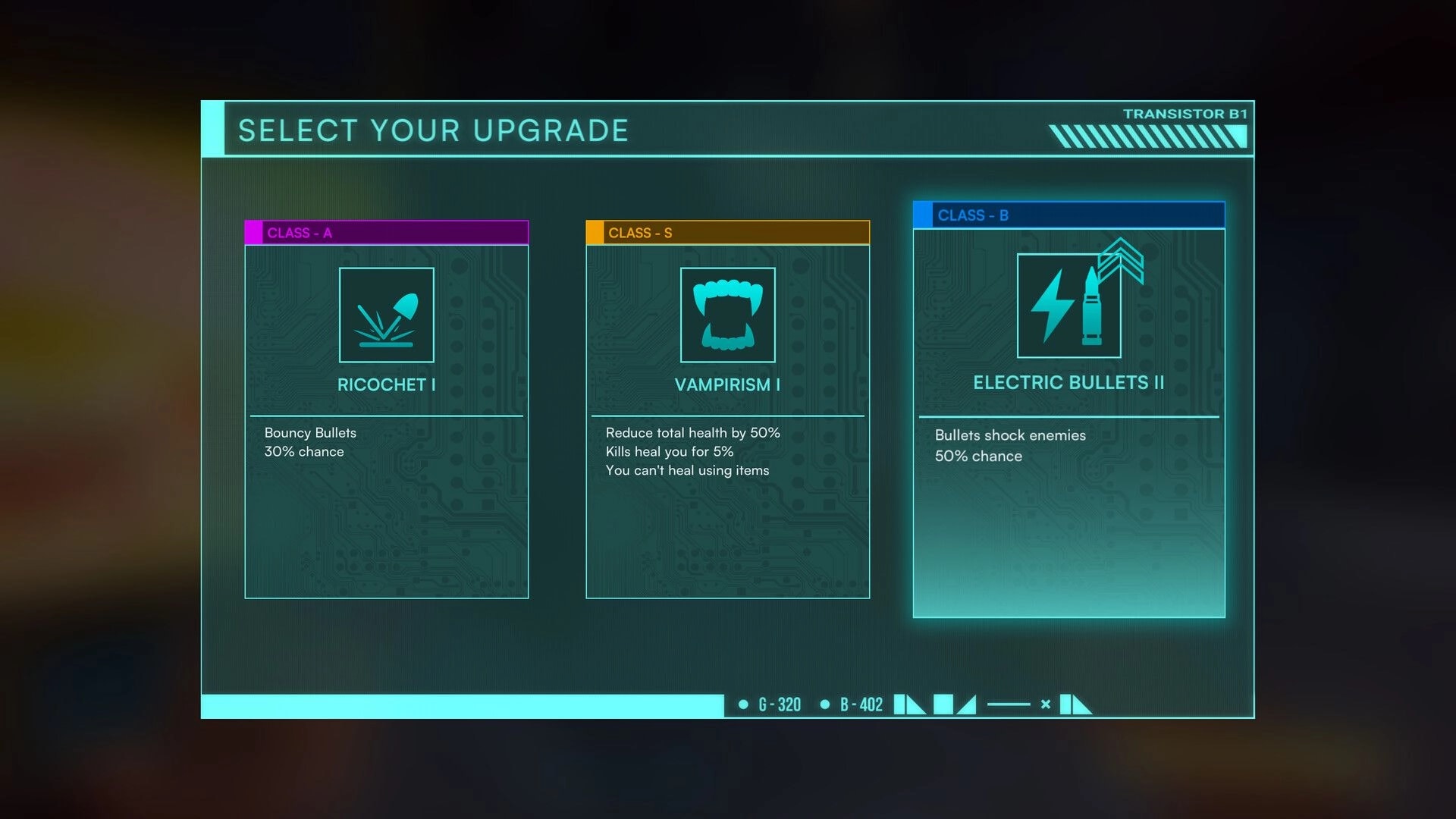 DEADBOOT: Upgrade selection screen with options for Ricochet, Vampirism, and Electric Bullets abilities.