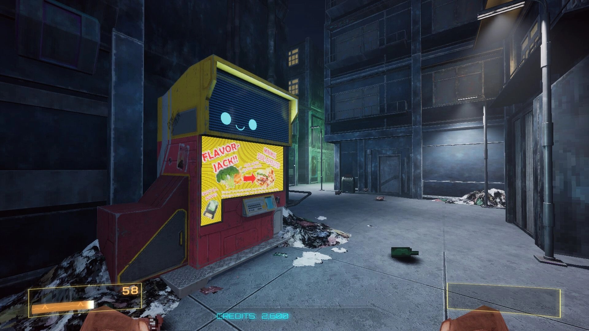 DEADBOOT: Player encounters brightly lit vending machine in dark, deserted urban alley.