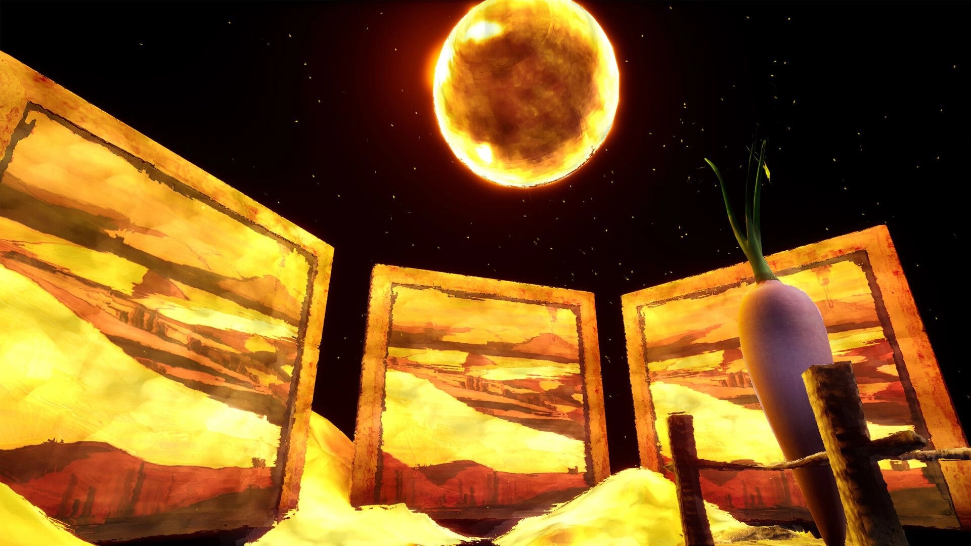Death Club: Glowing sun over framed desert paintings and a giant radish behind a wooden fence at night.