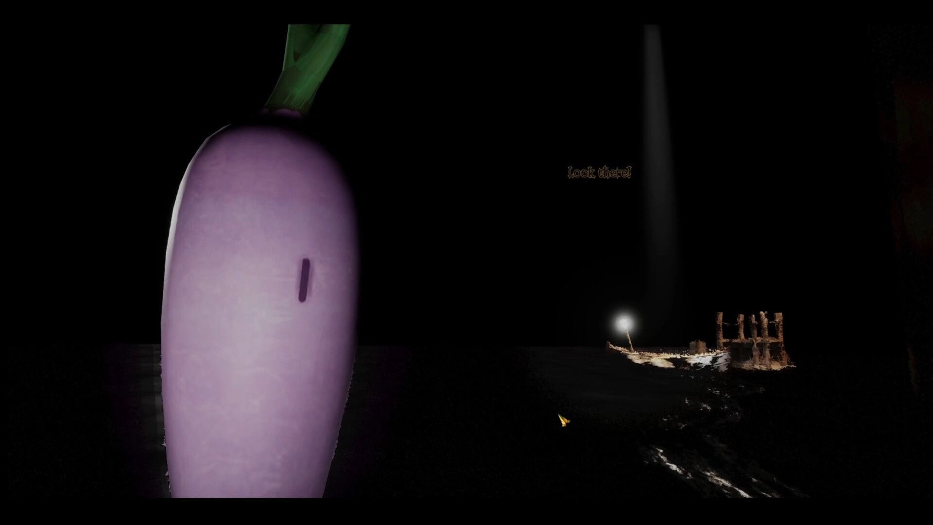 Death Club: Giant purple radish fills foreground near dark shoreline with “Look there!” prompt and dock light.