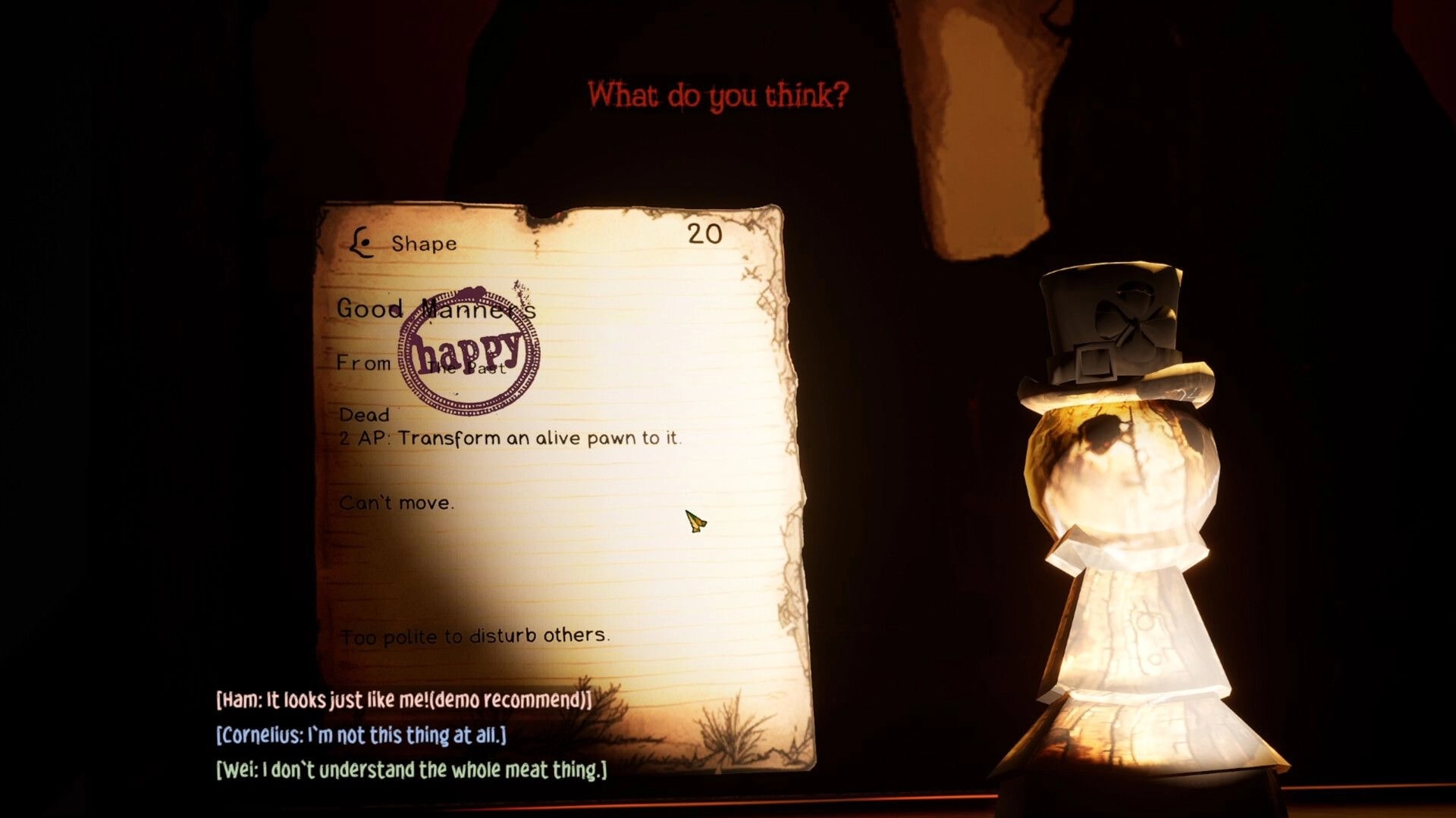 Death Club: Dialogue choice over a pawn info page with happy stamp beside a glowing chess figure in dark room.
