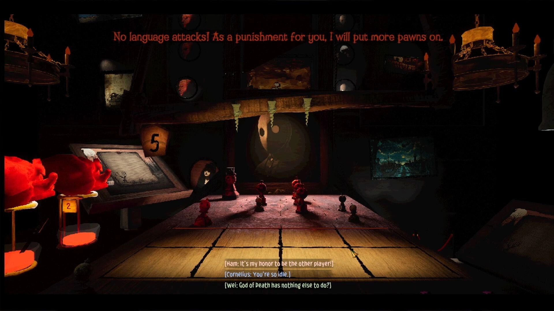Death Club: Red pawn pieces on a tabletop board in a dark room, with dialogue text and candles.