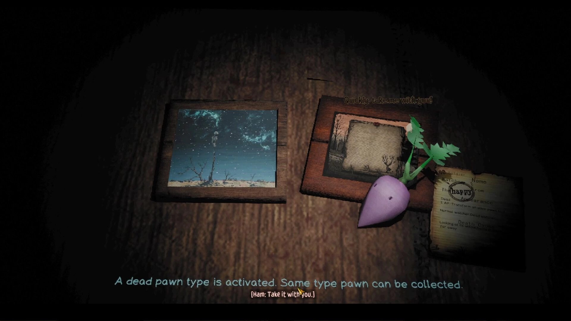 Death Club: Radish-like pawn collectible on wooden wall beside photos and note, with prompt text overlay.