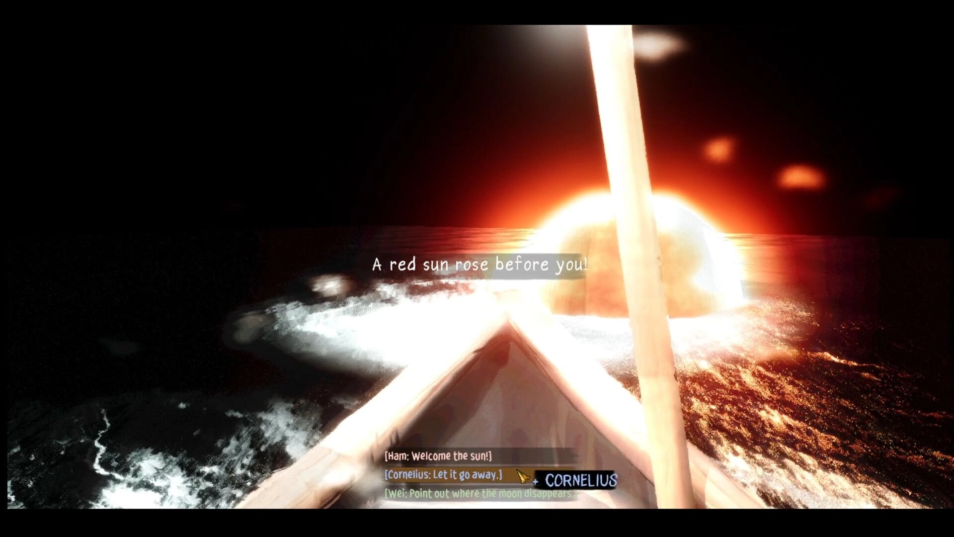 Death Club: Sailing a small boat toward a blazing red sun over dark ocean with dialogue choices UI.