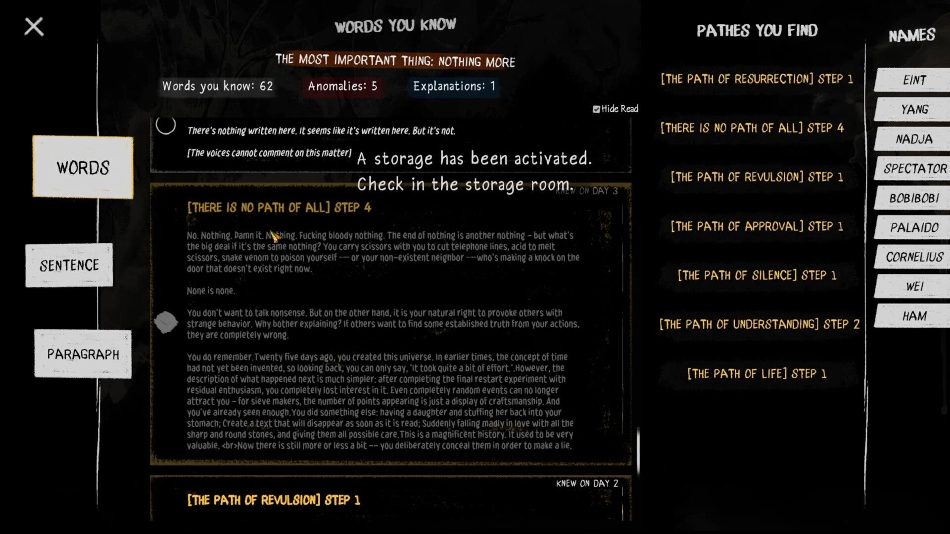 Death Club: Journal menu listing words and paths found, with names sidebar and story text panel.