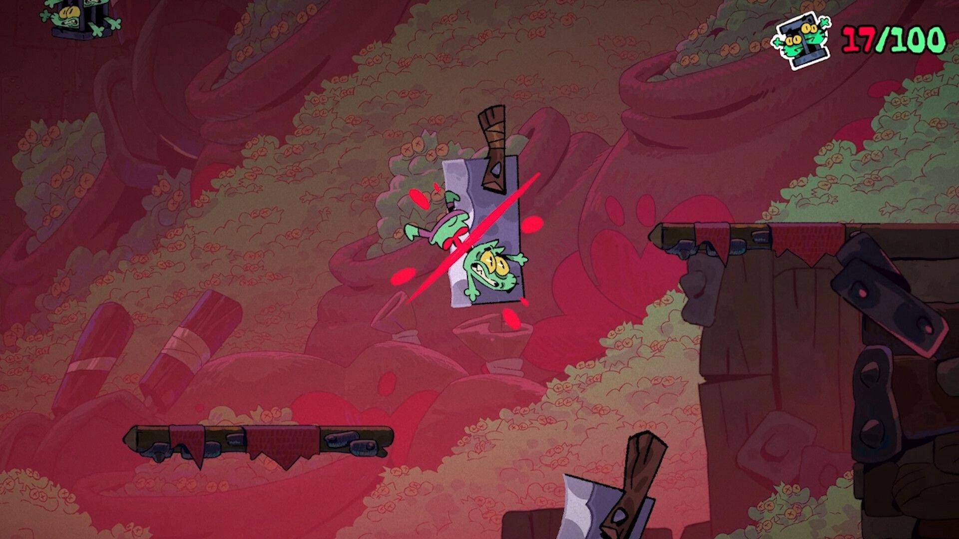 Deaths Of Peck: Peck sliced by a cleaver trap midair in a fleshy cavern, death counter 17/100 HUD.