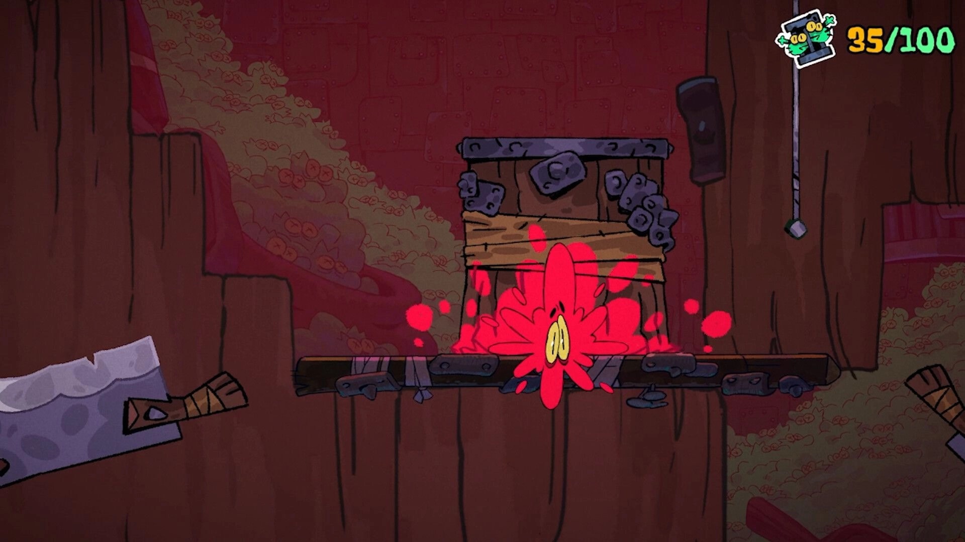 Deaths Of Peck: Red splatter death effect on wooden platform by crate in cavern, 35/100 UI top-right.
