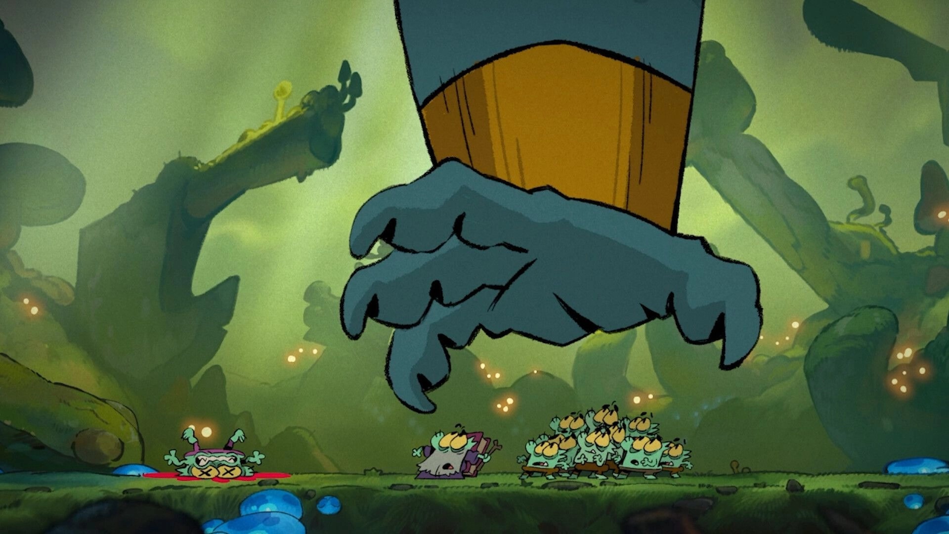 Deaths Of Peck: Giant clawed hand looming over goblins in a misty forest, one lies dead nearby.