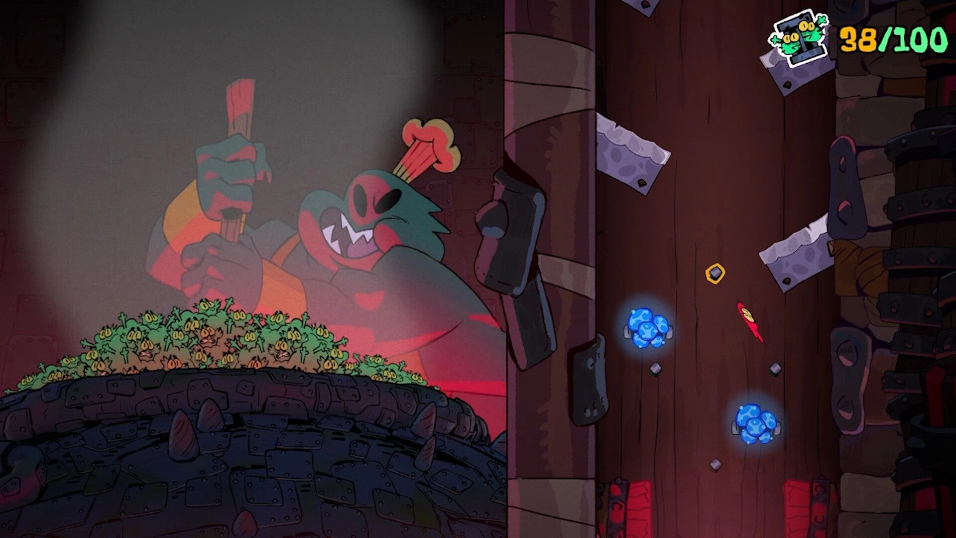 Deaths Of Peck: Giant orc swings a club beside goblin pile in wooden shaft, 38/100 HUD visible.