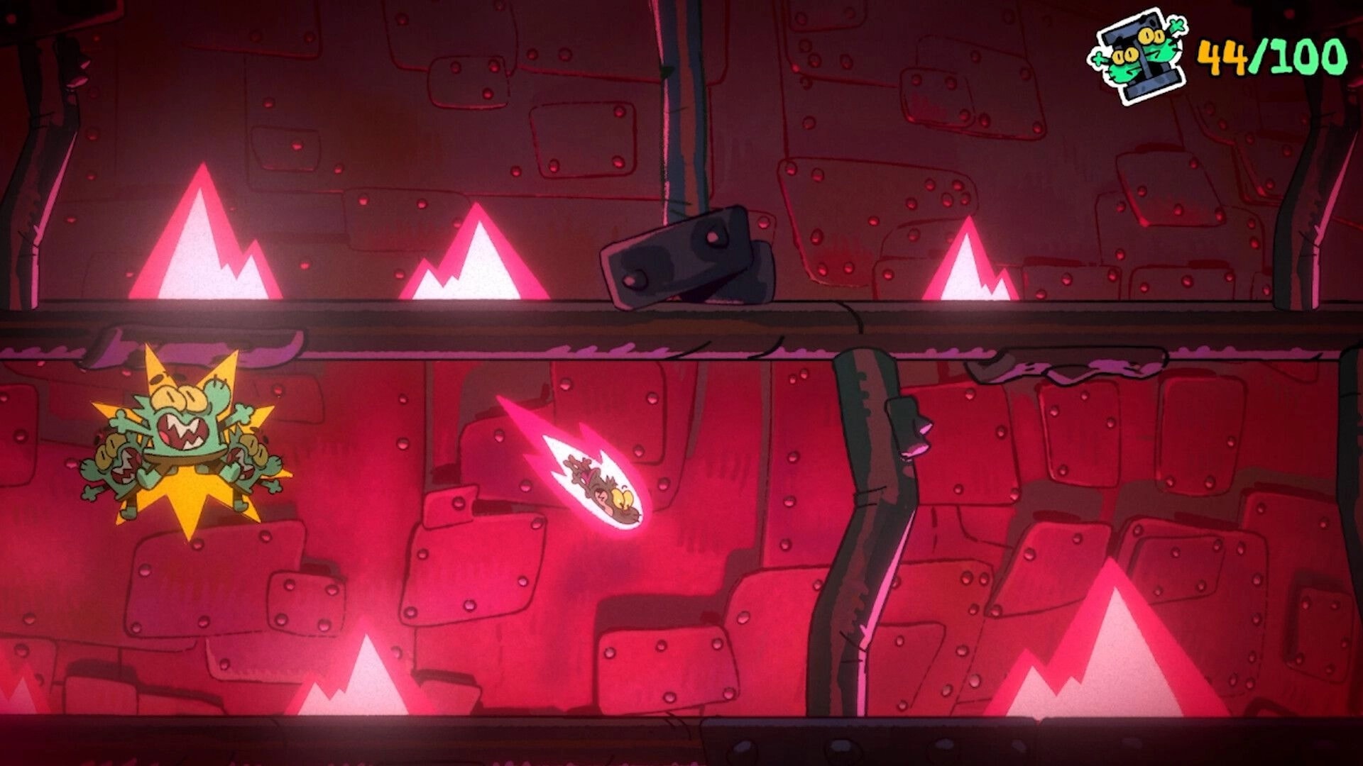 Deaths Of Peck: Peck rockets as a flaming projectile past spikes in a red stone cave, 44/100 UI.