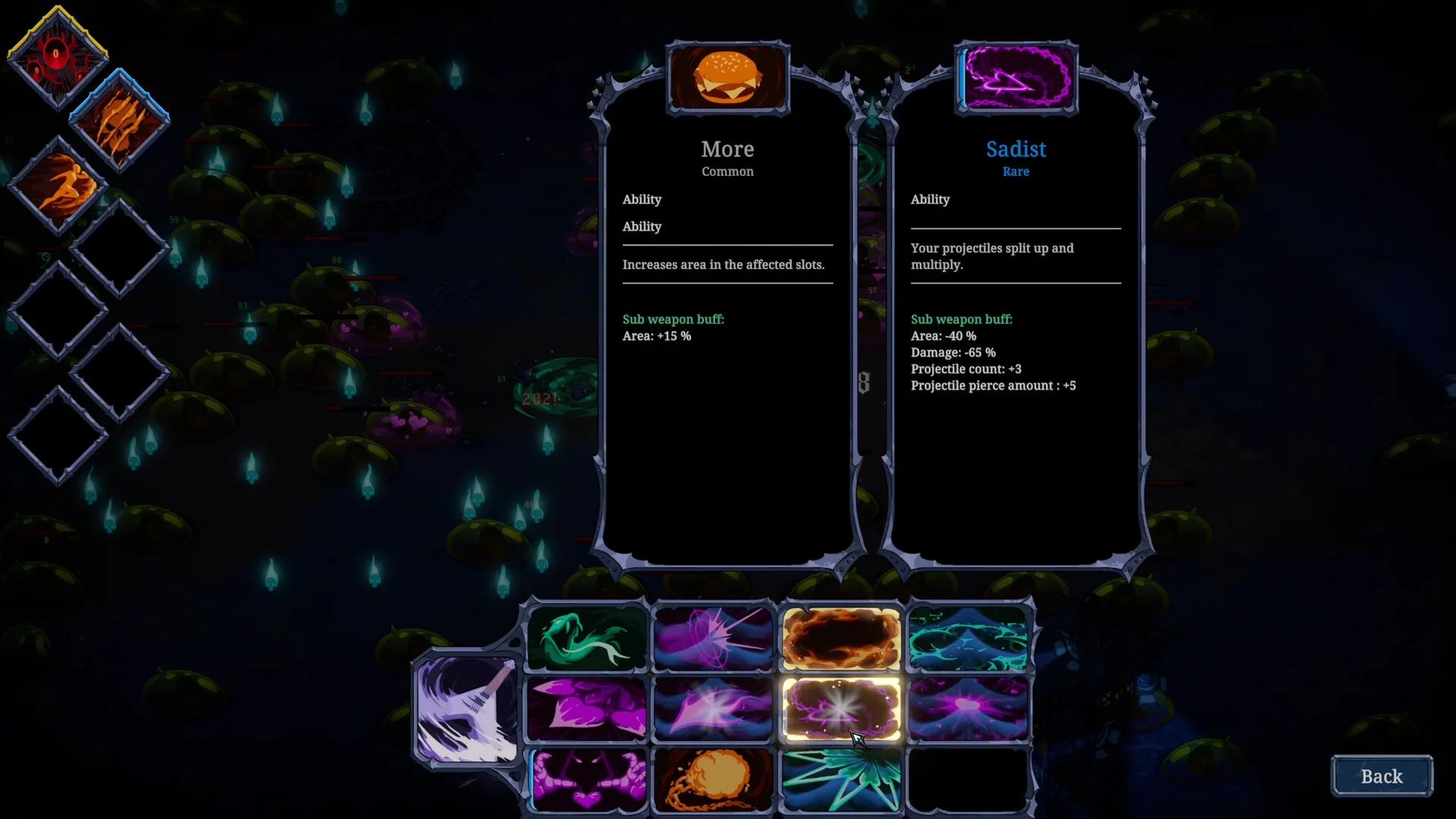 Devil Jam: Inventory and ability selection screen with glowing demonic icons and stat details in dark setting