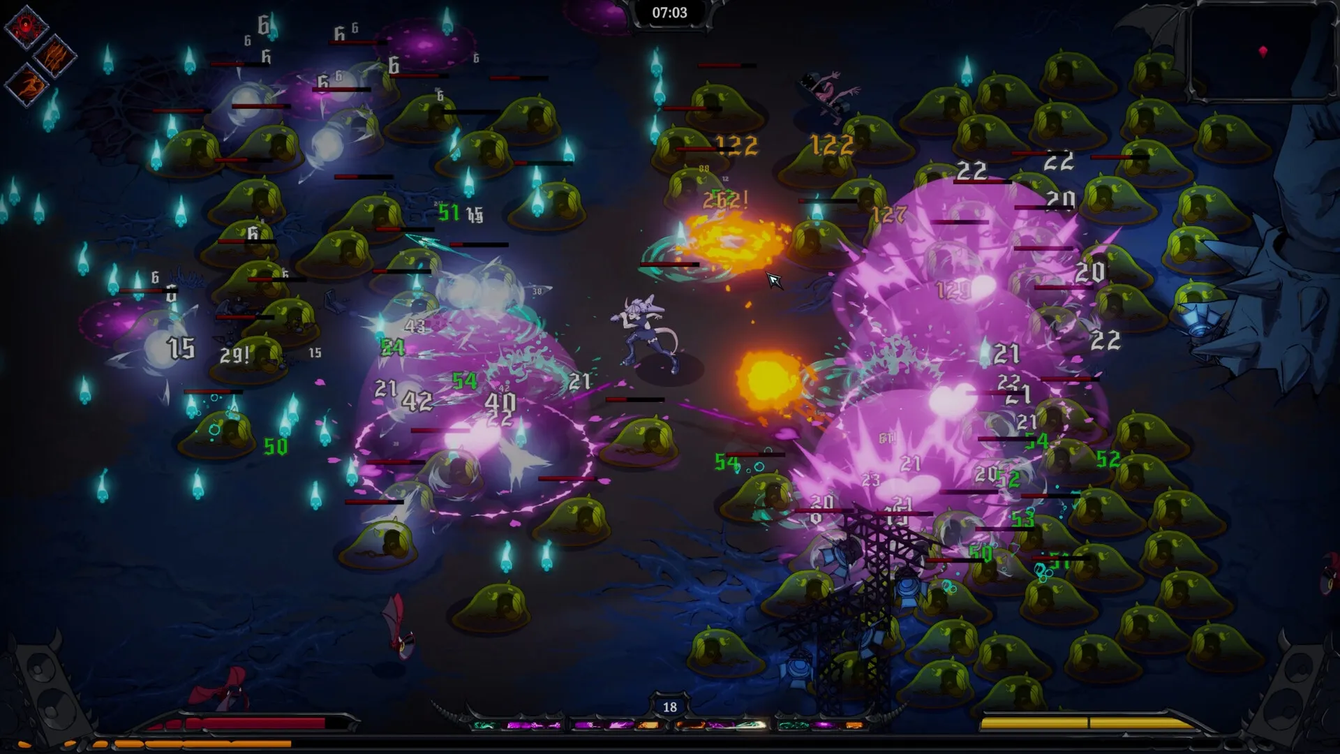 Devil Jam: Character battles hordes of green slimes with explosions in a dark, chaotic underworld setting.