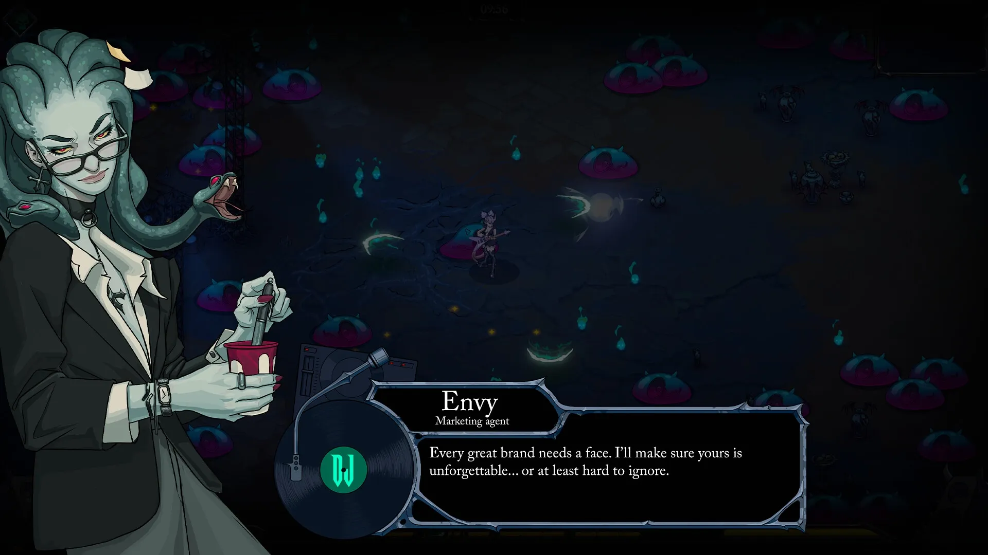 Devil Jam: Envy character dialogue with dark battlefield background and glowing spirits floating nearby