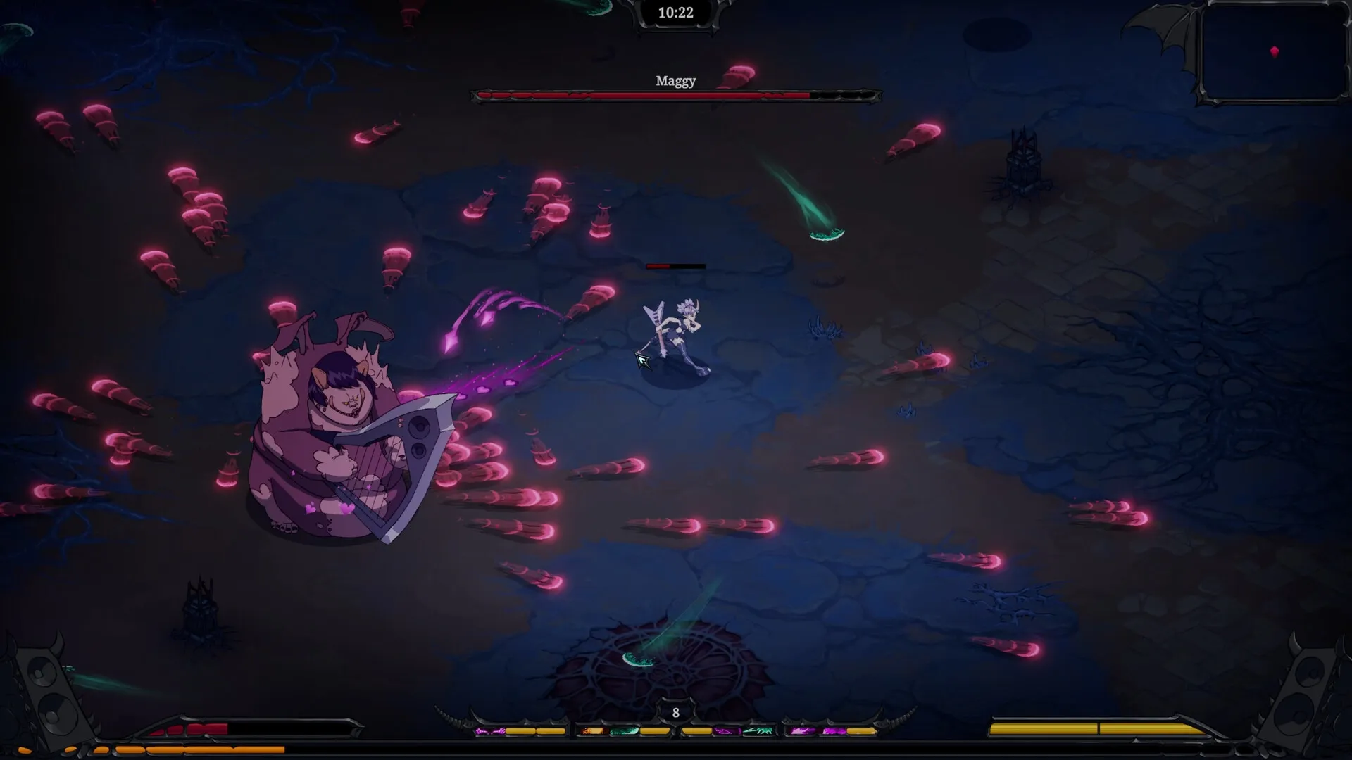 Devil Jam: Player dodging Maggy's pink projectiles in dark, eerie hellscape with visible health bar.