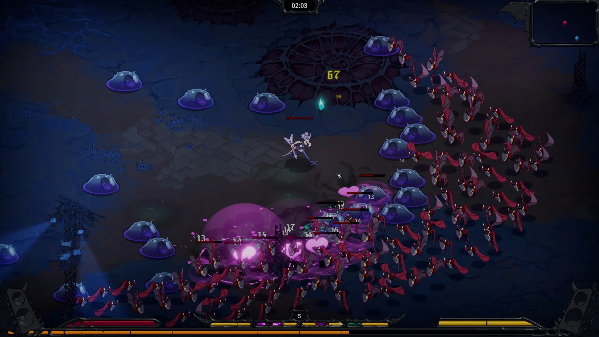 Devil Jam: Character battling purple slimes and red demons on a dark stage with health bars and timer.