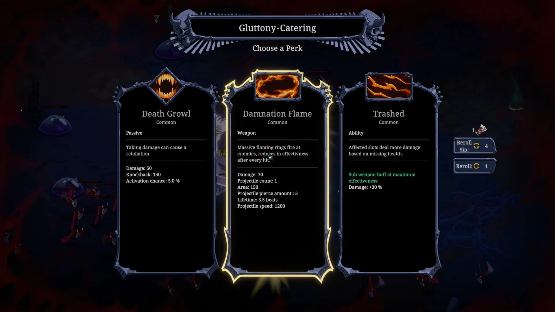 Devil Jam: Perk selection menu with three options; Death Growl, Damnation Flame, and Trashed in hell.