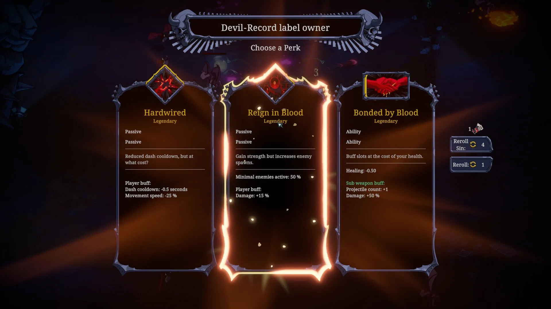 Devil Jam: Perk selection screen showing Hardwired, Reign in Blood, and Bonded by Blood options.